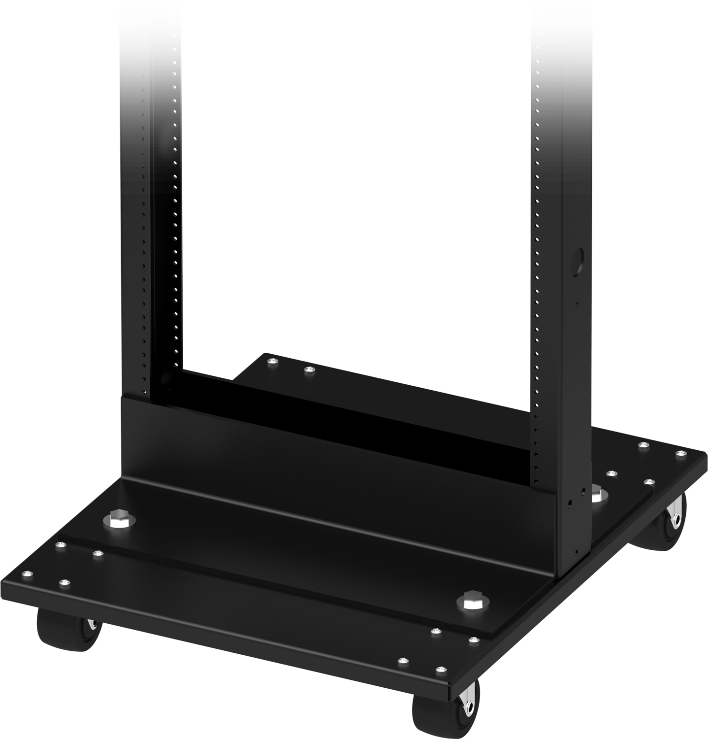 Hammond RRHDDOL heavy duty 2-post relay rack dolly, black textured steel plate with four 3 in swivel casters, two with brakes