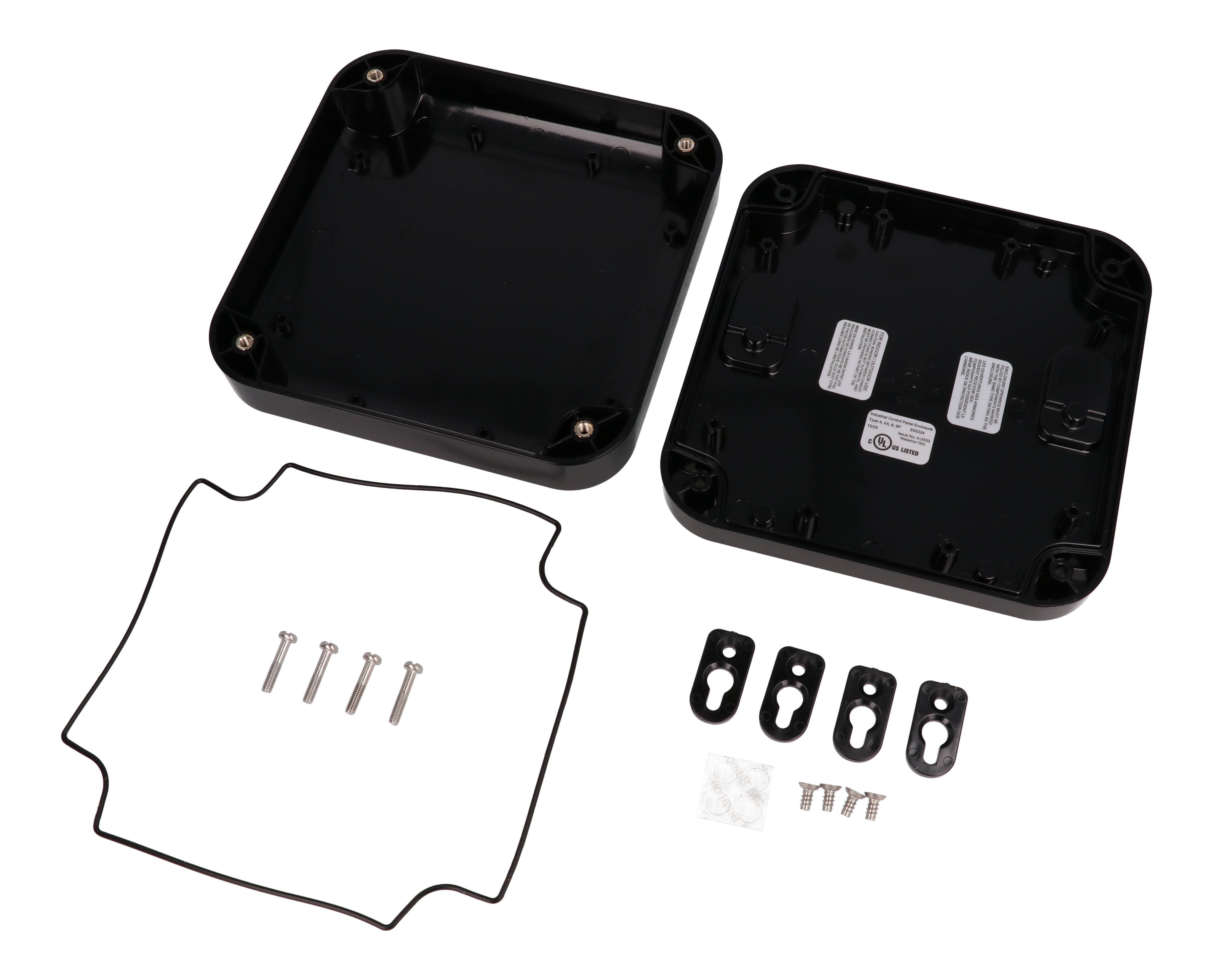 1557F2BK black polycarbonate watertight enclosure, 160 x 160 x 45 mm, with rounded corners and screw-down lid
