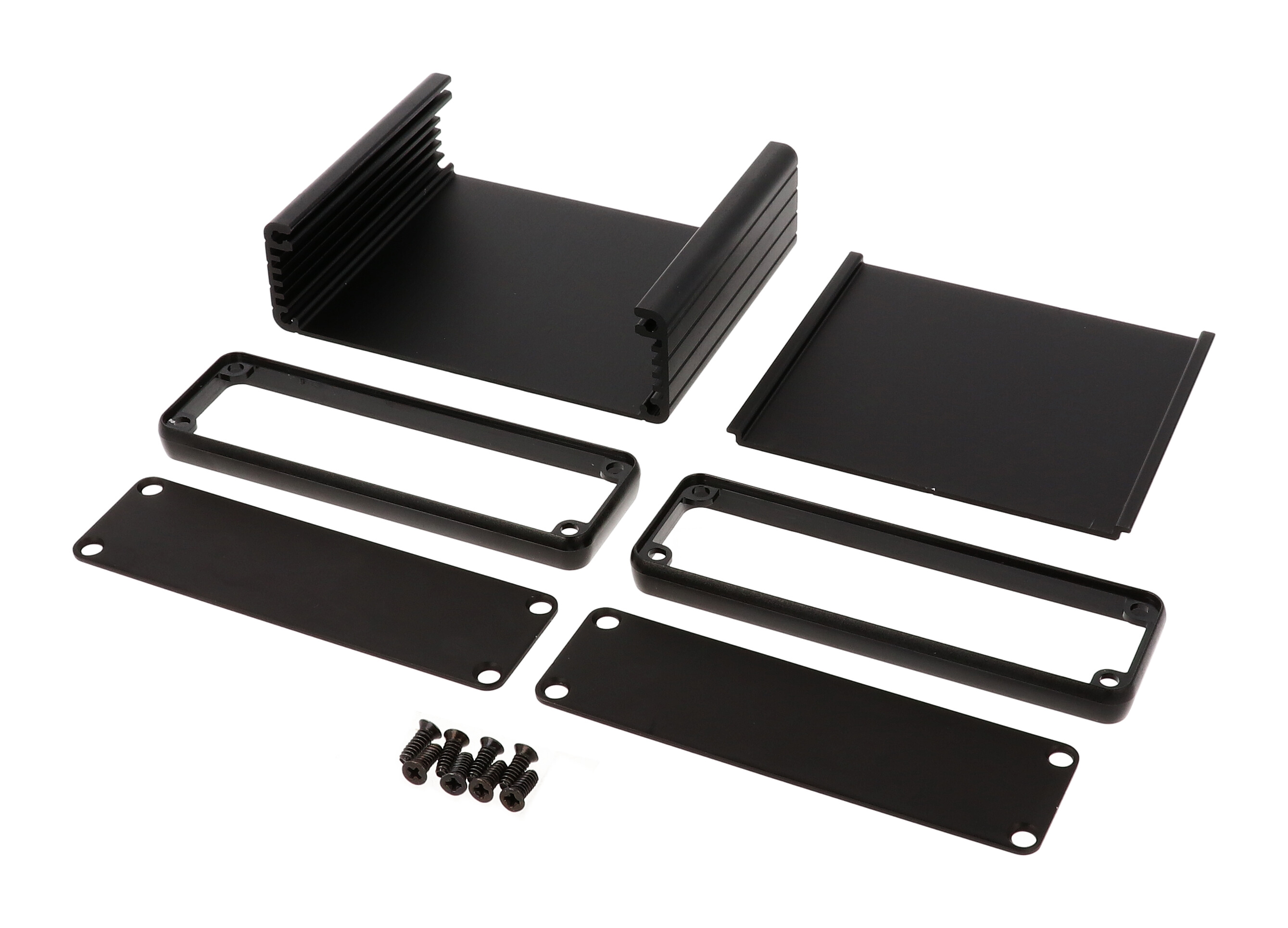 1455L801BK black anodized extruded aluminum PC board enclosure, 80 x 103 x 30.5 mm, with aluminum end panels and black bezels