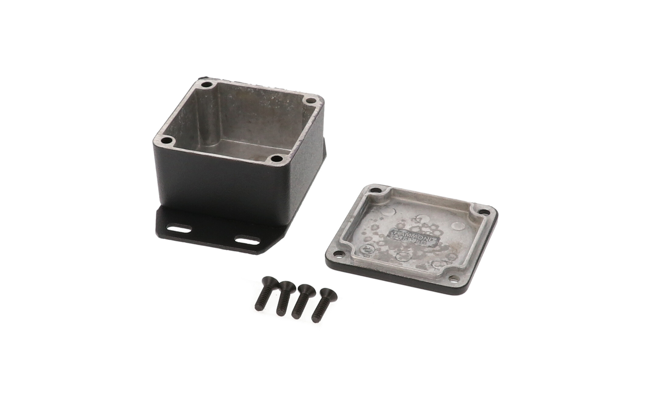 1590LBFBK black textured diecast aluminum enclosure with welded bottom flange, 51 x 51 x 31 mm