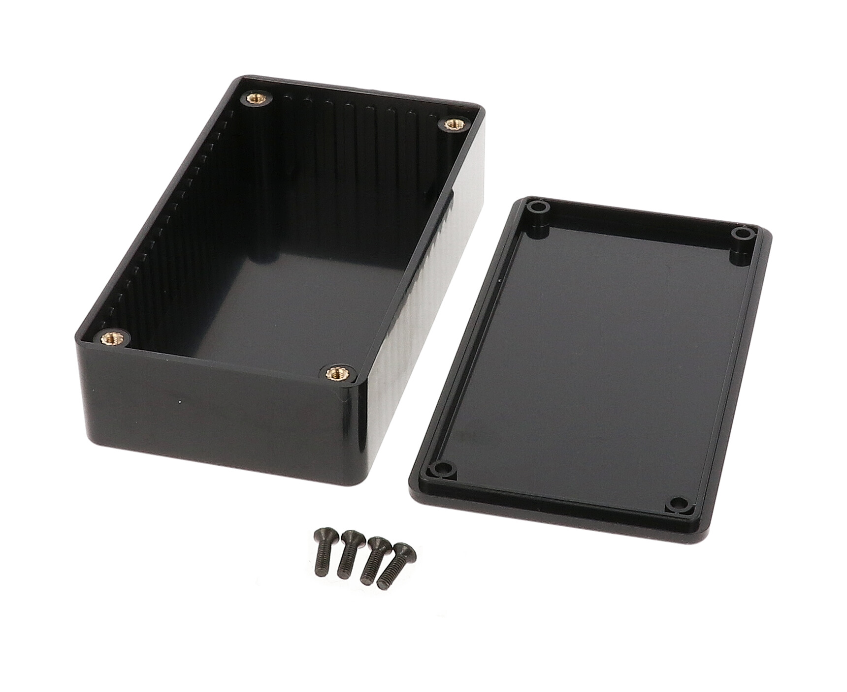 1591BBK black 112 x 62 x 31 mm ABS plastic enclosure without mounting flanges with molded card guides