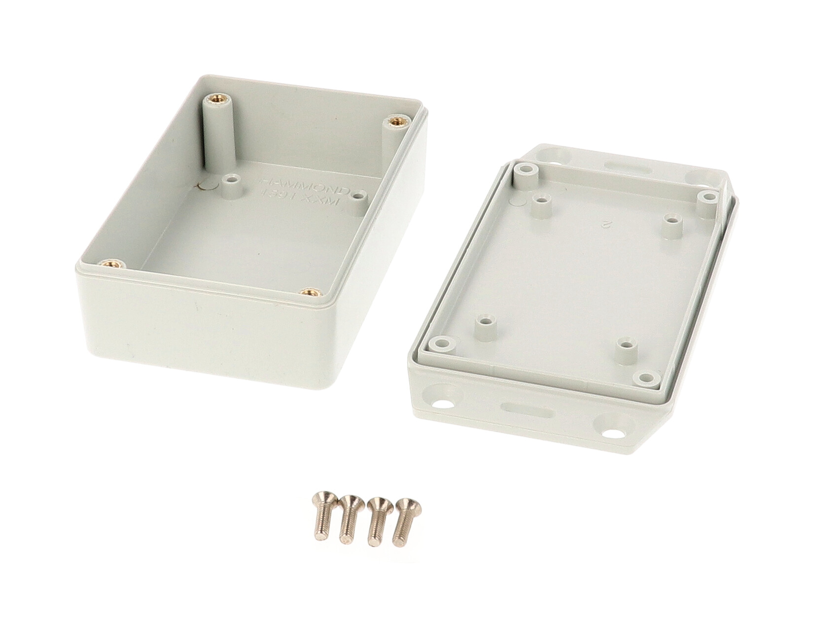 1591XXMFLGY light gray ABS plastic flanged-lid enclosure with PC board standoffs, 86 x 57 x 27 mm