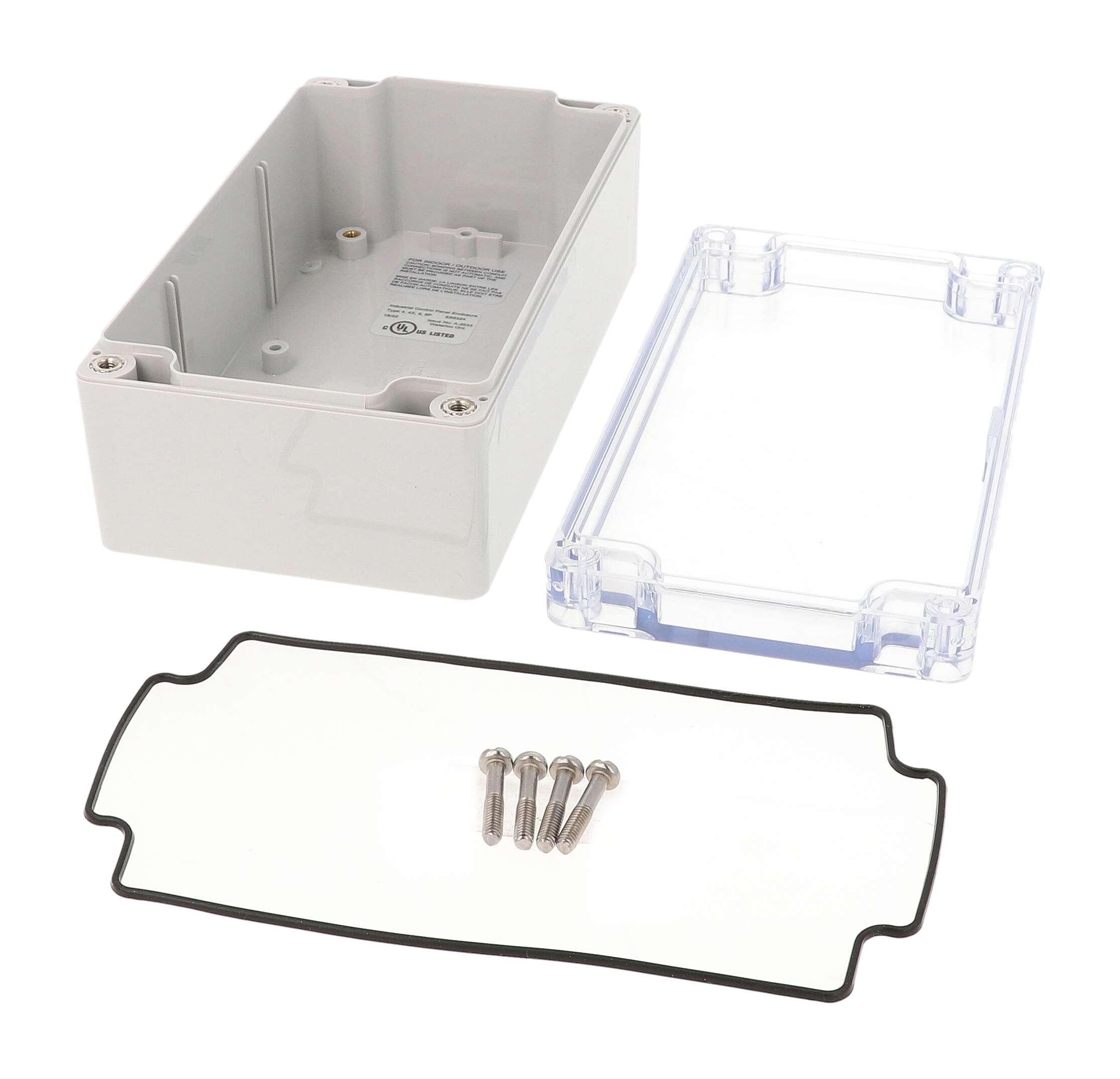 1554J2GYCL gray polycarbonate enclosure with clear lid, 160 x 90 x 61 mm