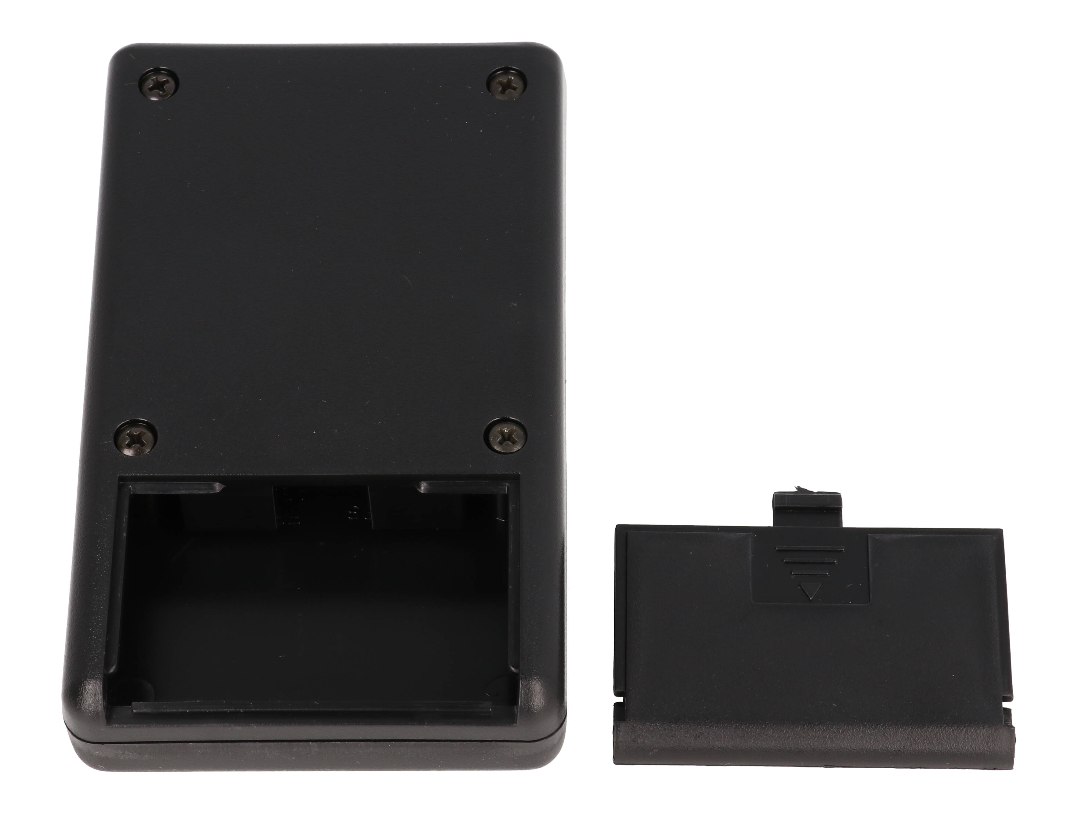 1593TALBK black ABS hand held instrument enclosure, 112 x 66.5 x 21 mm, with aluminum end panel and battery door