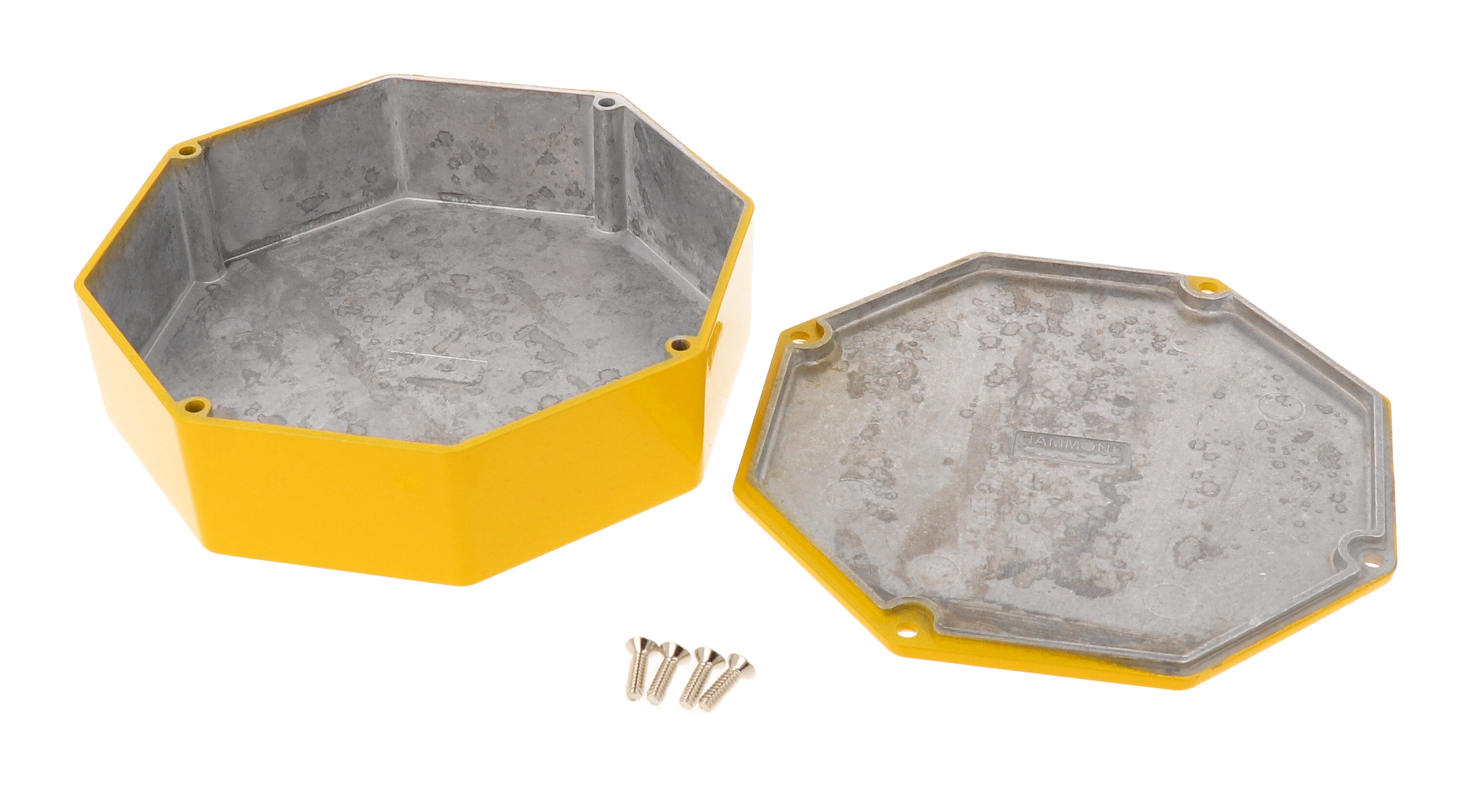 1590STPCYL yellow painted diecast aluminum octagon stomp box enclosure with lid and cover screws