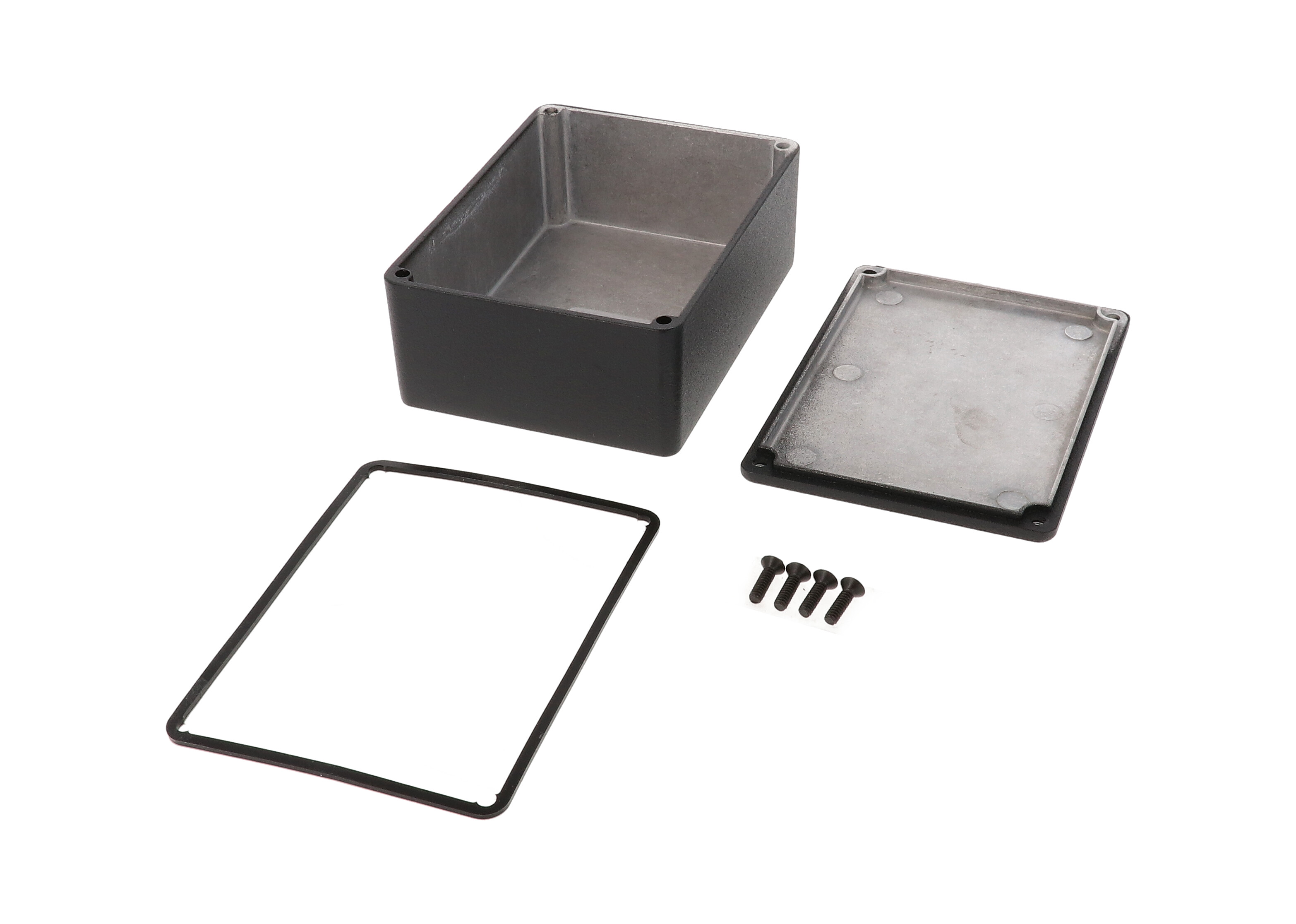 1590WSBK black textured IP65 water-tight diecast aluminum enclosure with no mounting flanges, 110x82x44mm