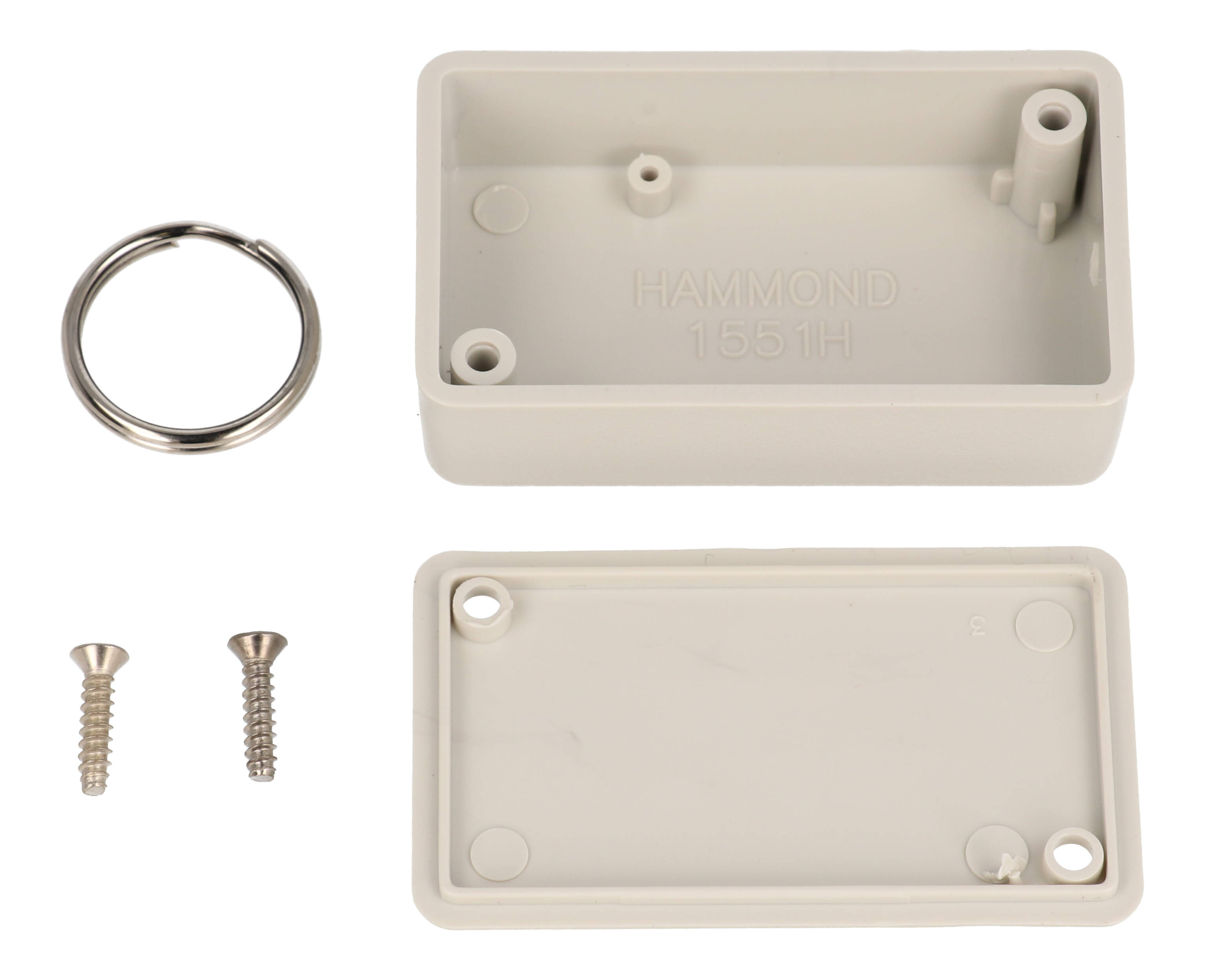 Hammond 1551HRGY light gray ABS plastic enclosure with key ring, 60 x 35 x 20 mm