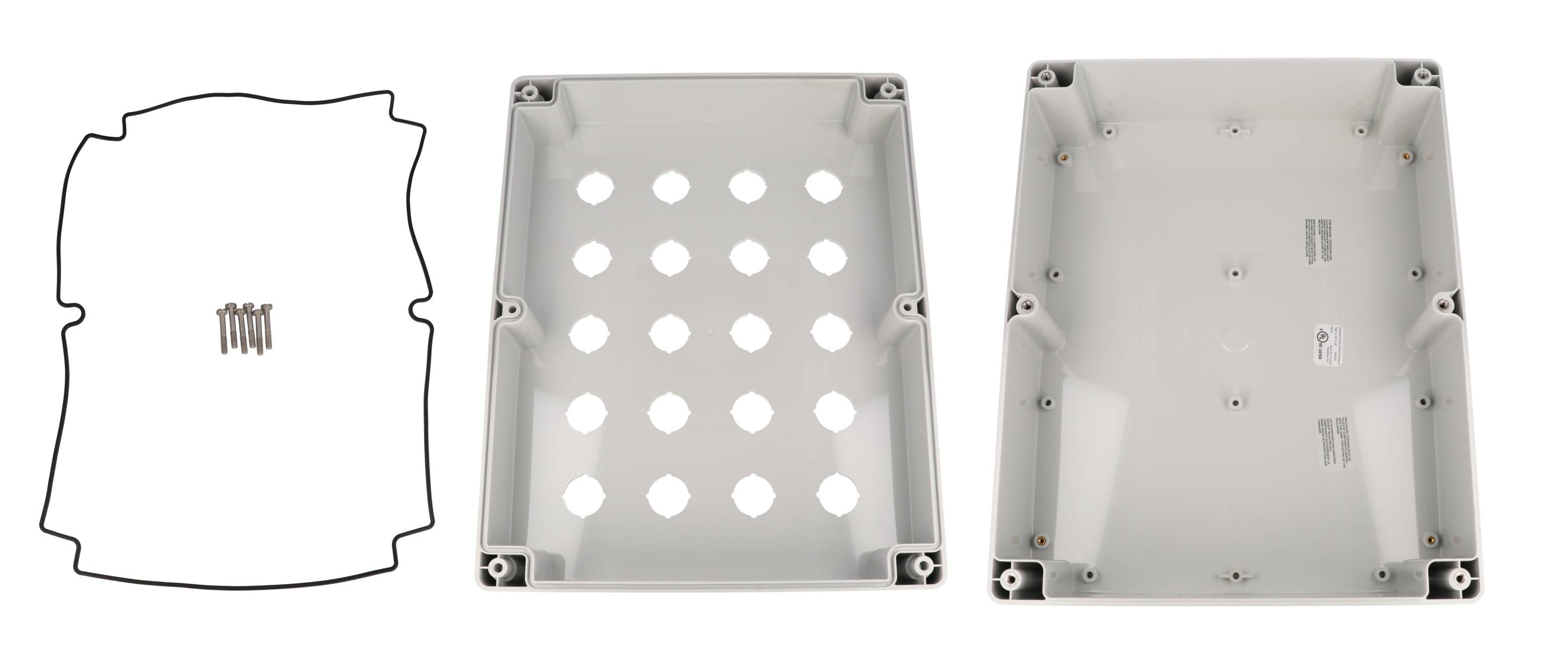 1554MPB20A deep light gray polycarbonate enclosure with 20 holes for 22.5 mm pushbuttons