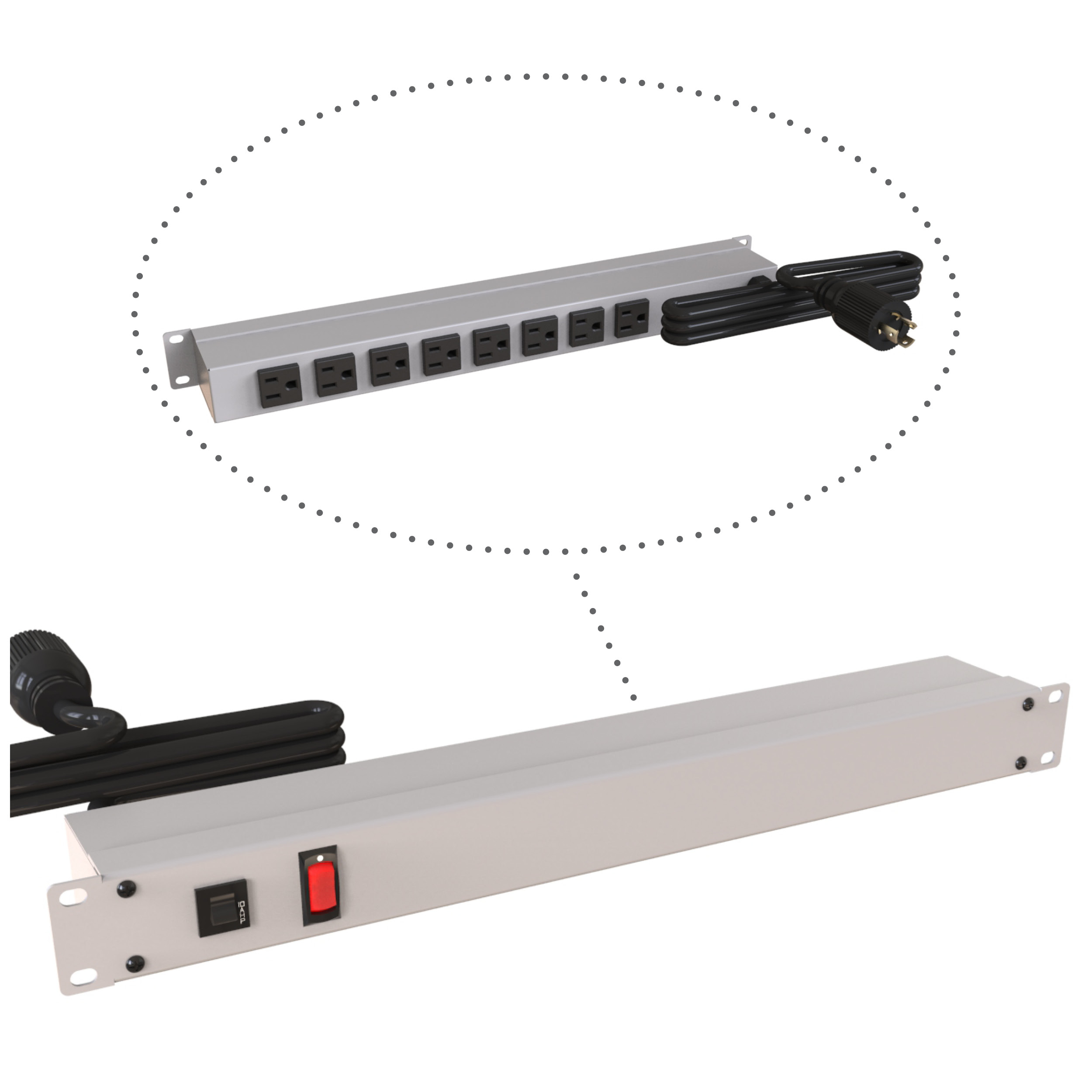 Hammond 1583H8C1 1U 19-inch gray rack mount power strip with eight rear NEMA 5-15R outlets, lighted on/off switch and L5-15P locking cord