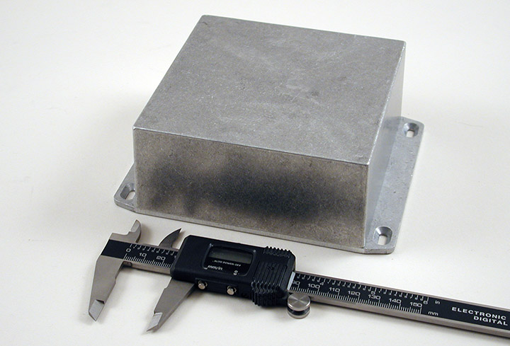 1590KKFL natural diecast aluminum enclosure with wall-mounting flanged lid, 125 x 125 x 57 mm