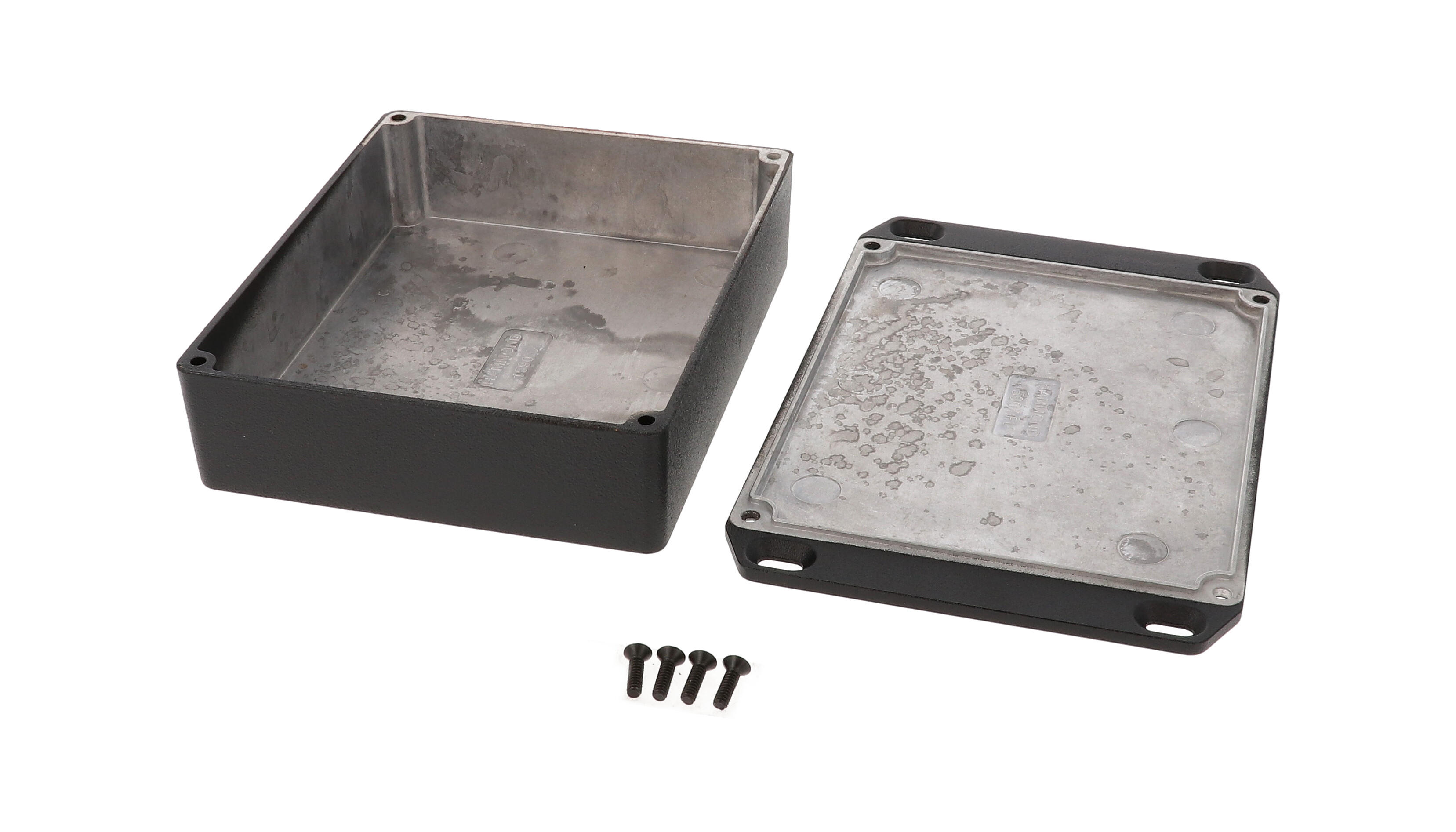 1590XXFLBK black textured low-profile diecast enclosure with flanged mounting lid