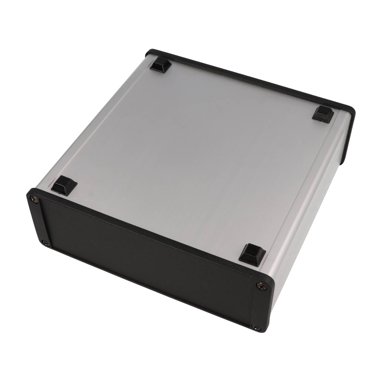 1457T1601E clear anodized EMI/RFI shielded extruded aluminum enclosure with flat black end panels, 160 mm x 165 mm x 55 mm