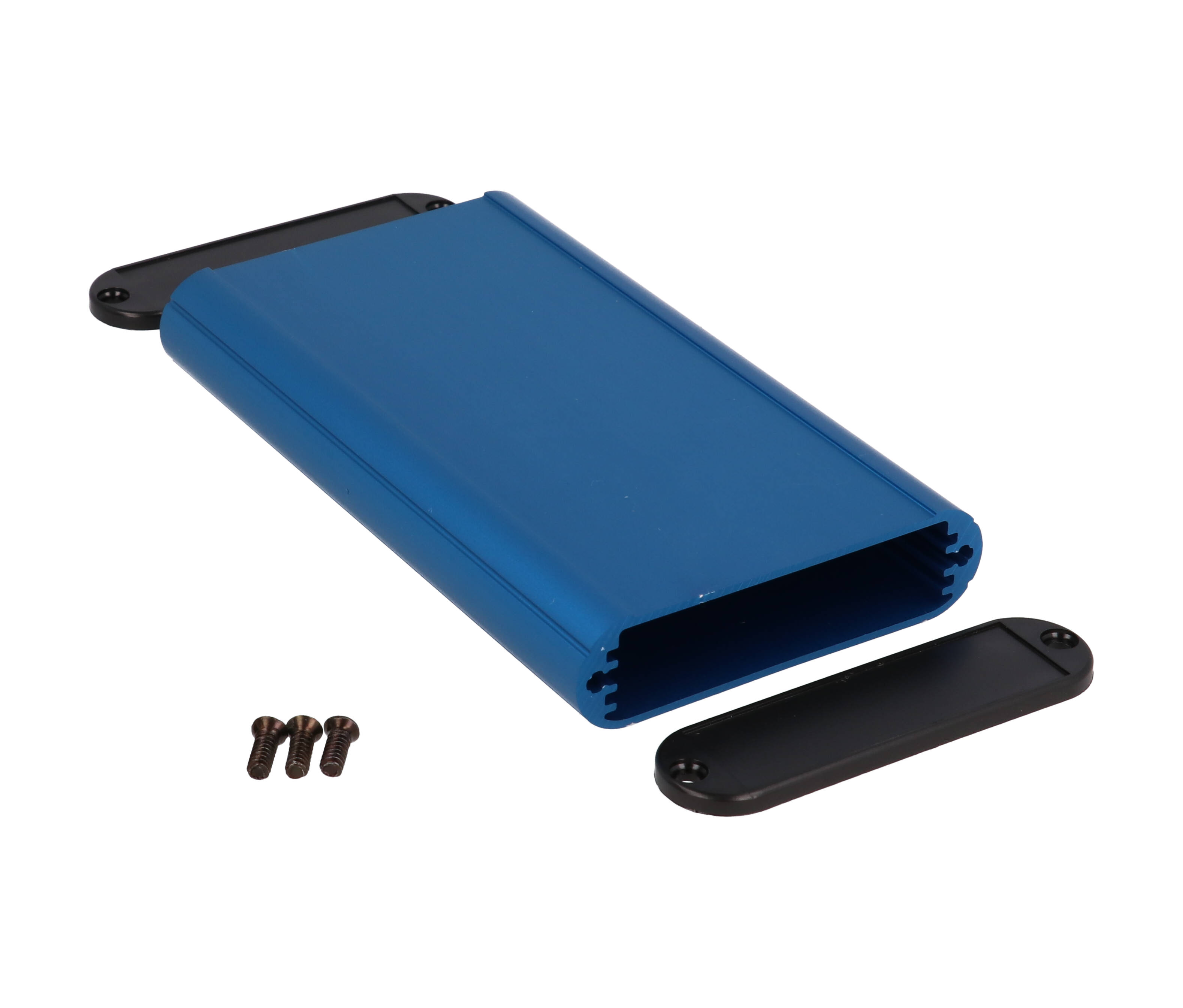 1455B1202BU blue anodized extruded aluminum PC board enclosure, 120 x 72 x 19 mm, with plastic end panels