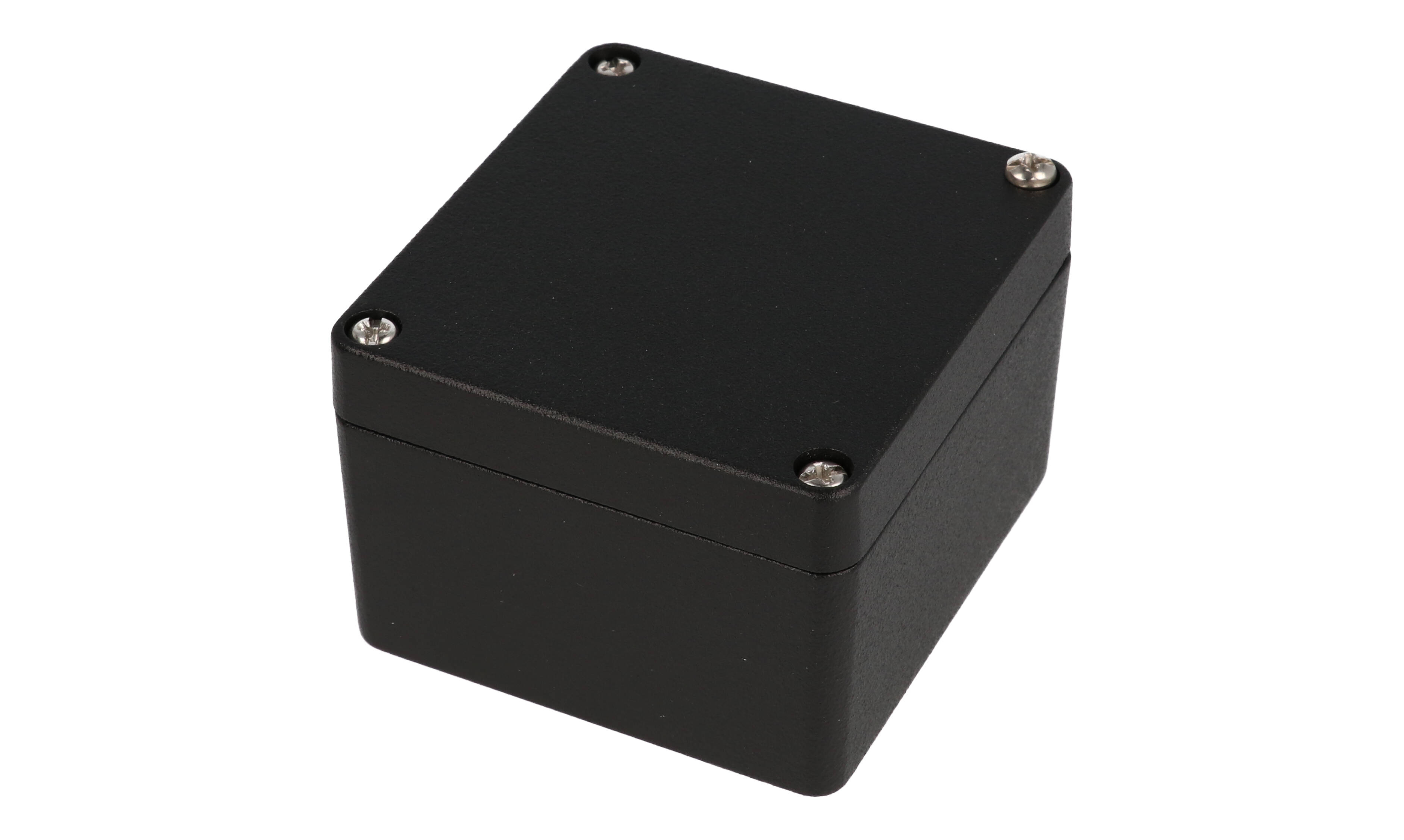 1590Z110BK textured black 80 x 75 x 52 mm diecast aluminum enclosure without internal shelf, lid with four recessed screws