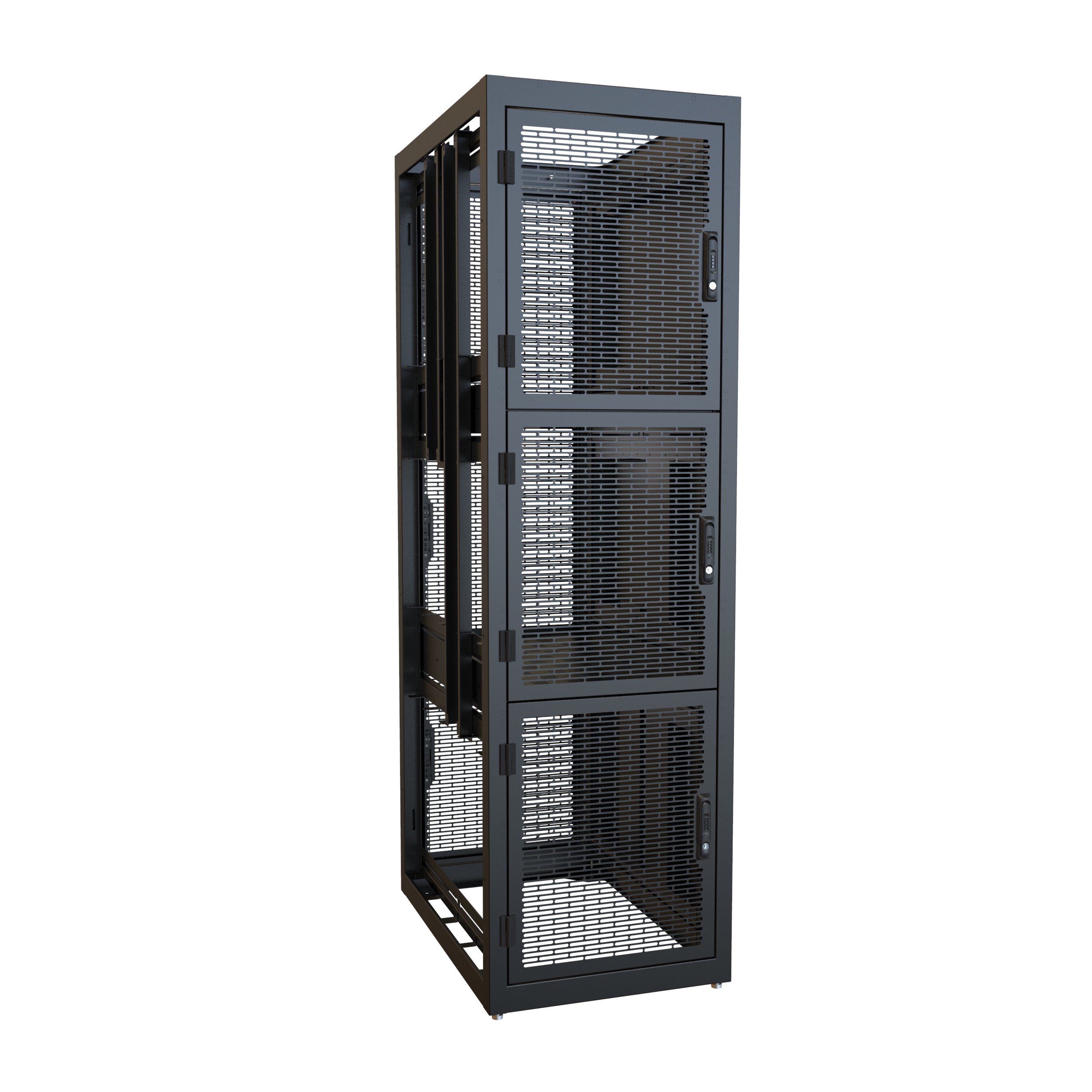 Hammond CLC3B36BK 3-bay colocation server rack cabinet in RAL9005 black, 83.02 x 24 x 36 in, with three perforated locking doors and 14U per bay