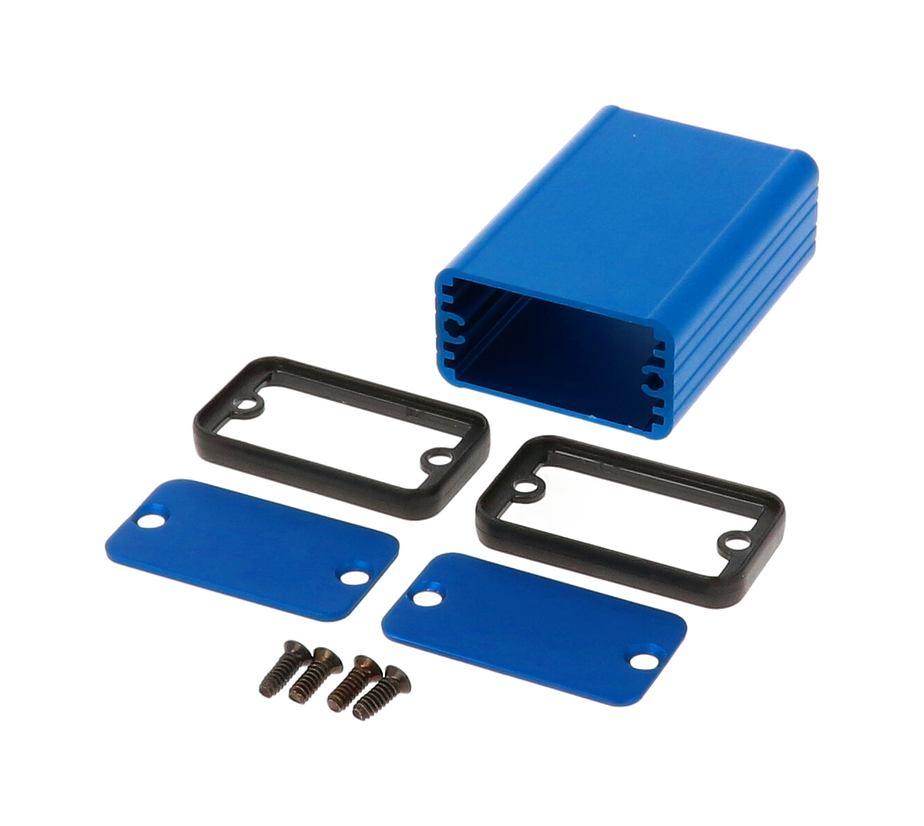 1455D601BU blue anodized extruded aluminum enclosure, 60 x 45 x 25 mm, with aluminum end panels and black open bezels