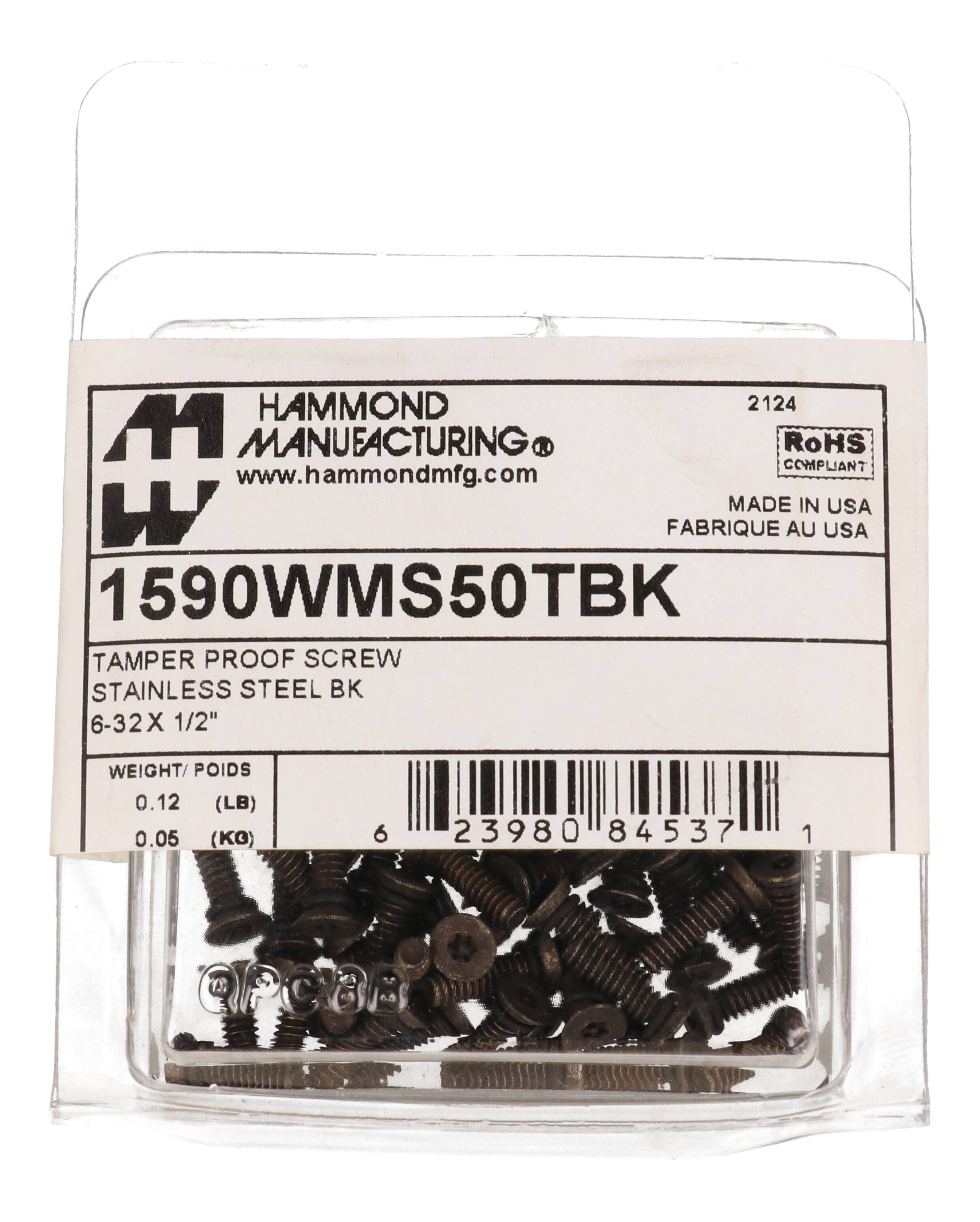 1590WMS50TBK black tamper-resistant watertight stainless steel screws, 50-pack