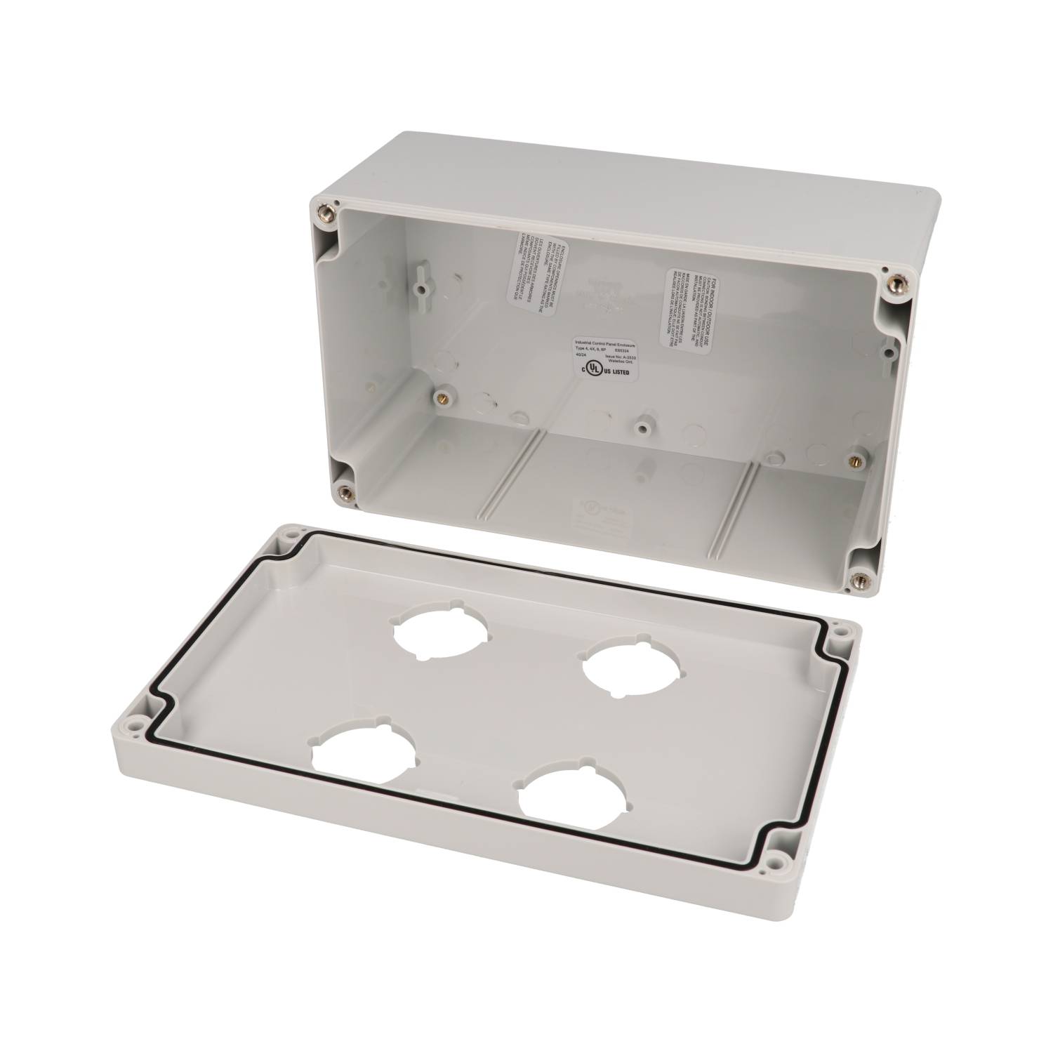 1554PB4 light gray polycarbonate enclosure with four 30.5mm pushbutton holes