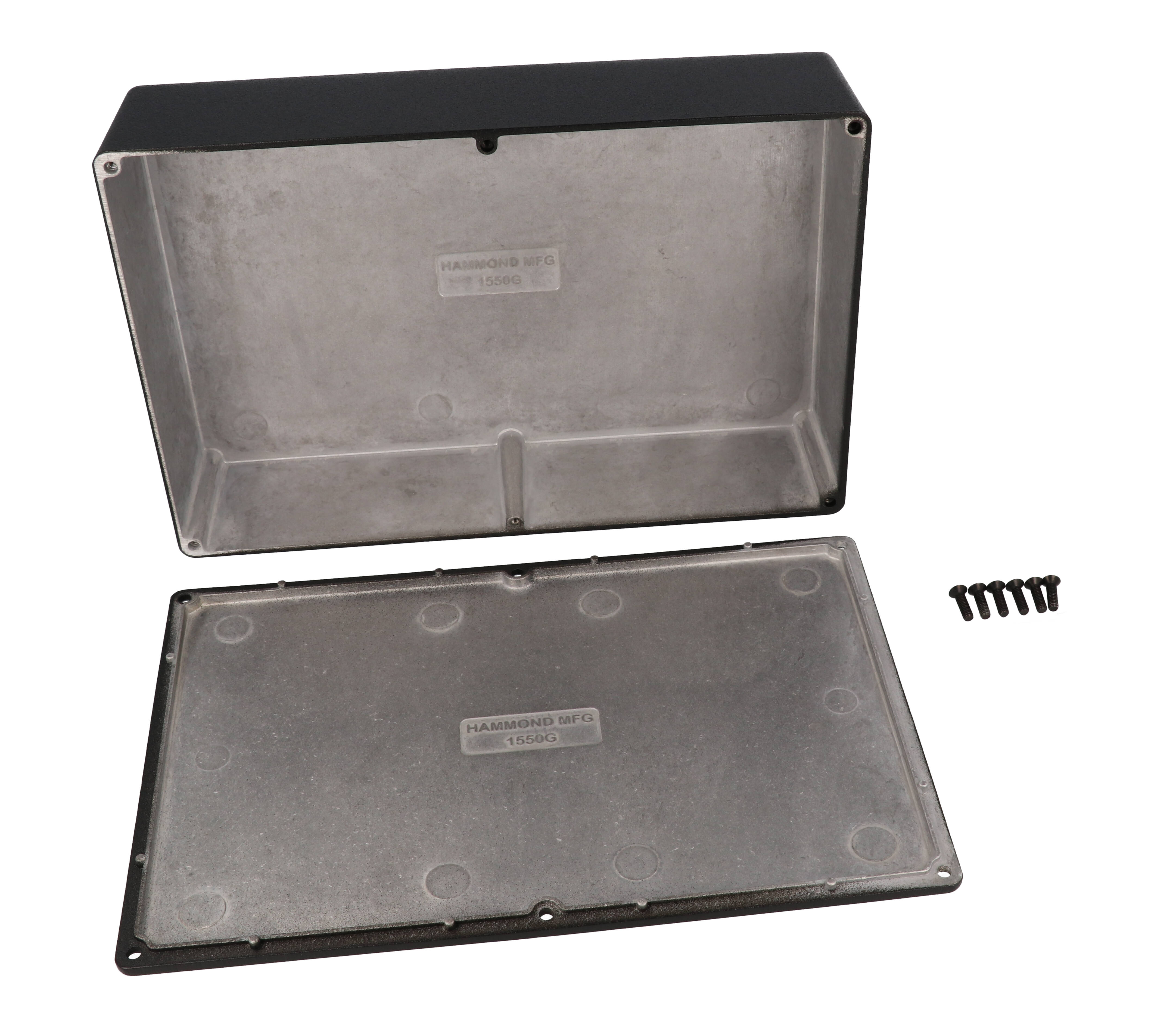 1550GBK black powder coated diecast aluminum enclosure, 222 mm x 146 mm x 51 mm, with screw-down lid