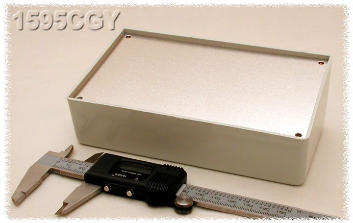 1595CGY light gray sloped plastic console enclosure with aluminum front panel, 161 x 96 x 58 mm