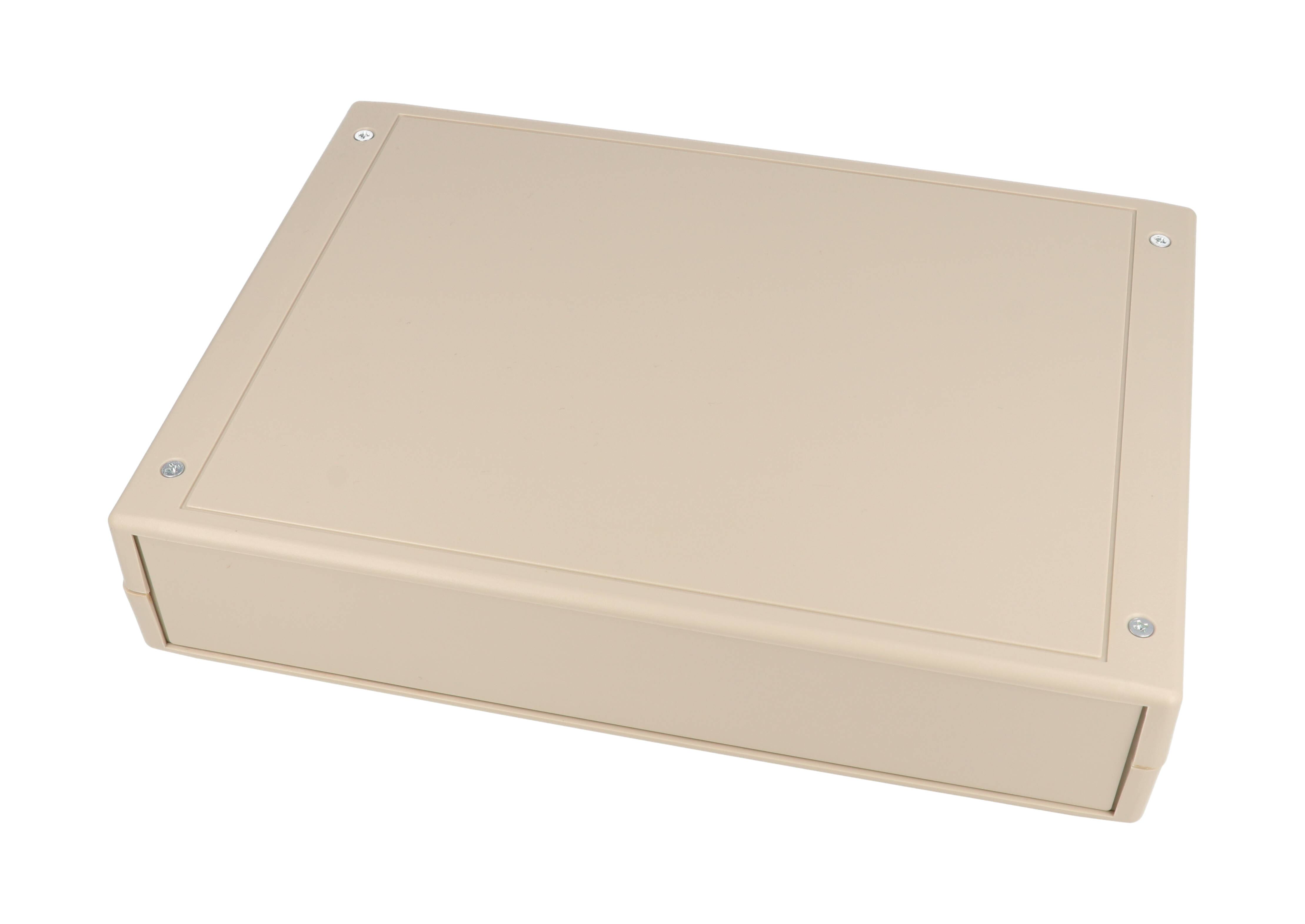 RM2095S light grey ABS instrument enclosure, 251 x 181 x 50 mm clam shell case with front and rear panels