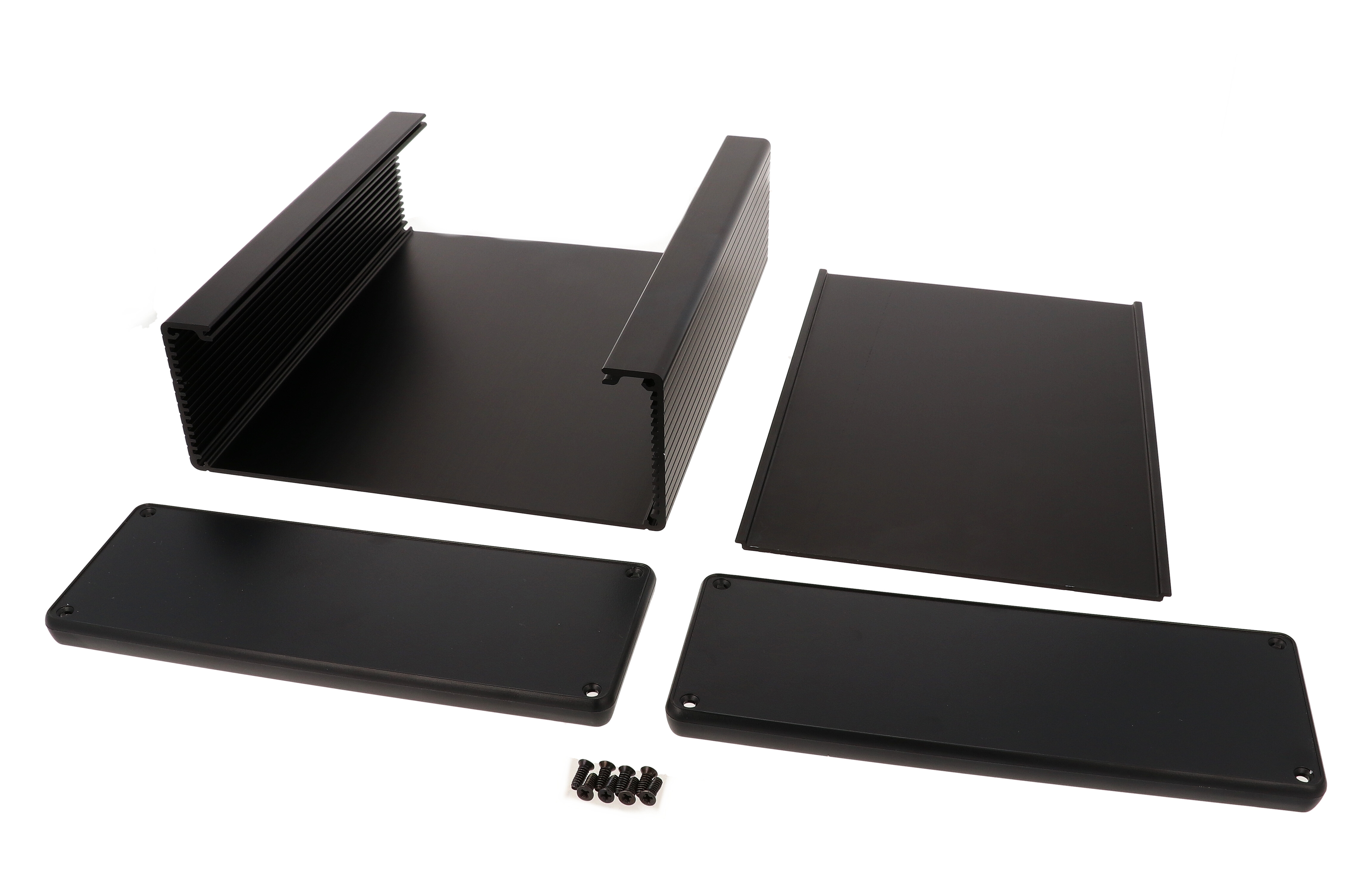 1455U2202BK black anodized extruded aluminum enclosure, 220 x 191 x 66 mm, with closed black plastic end panels