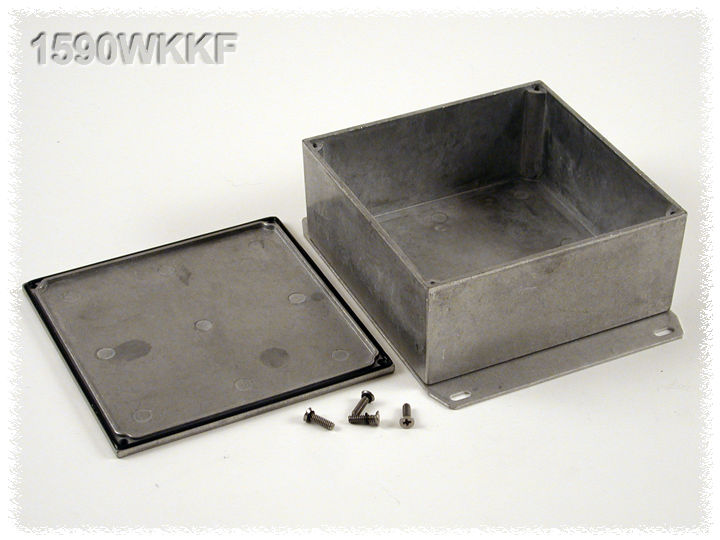 1590WKKF natural aluminum IP65 watertight diecast enclosure, 125 x 125 x 57 mm, with flanged bottom plate