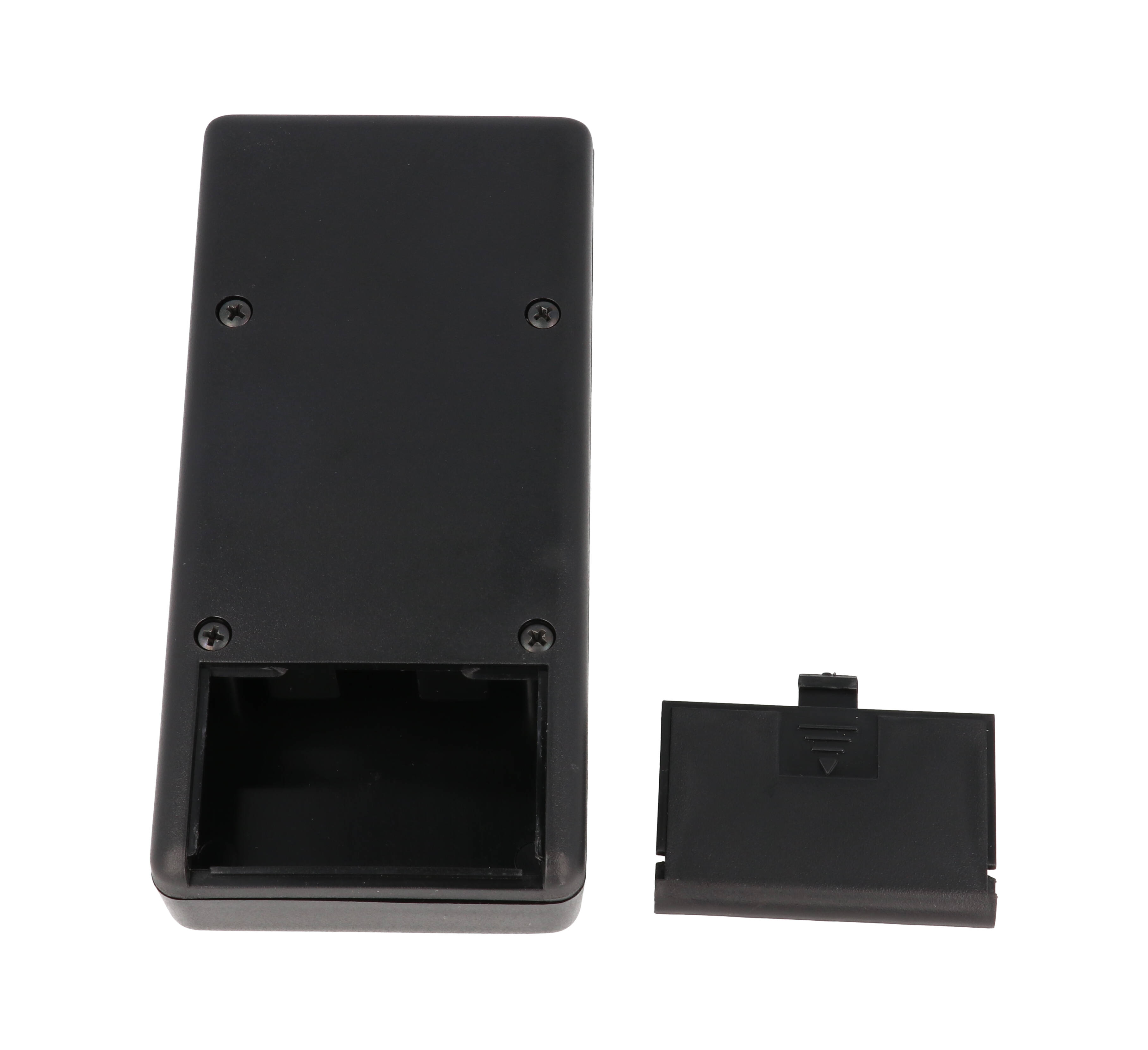 1593YALBK black ABS hand held instrument enclosure, 140 x 66 x 28 mm, with aluminum end panel and battery door