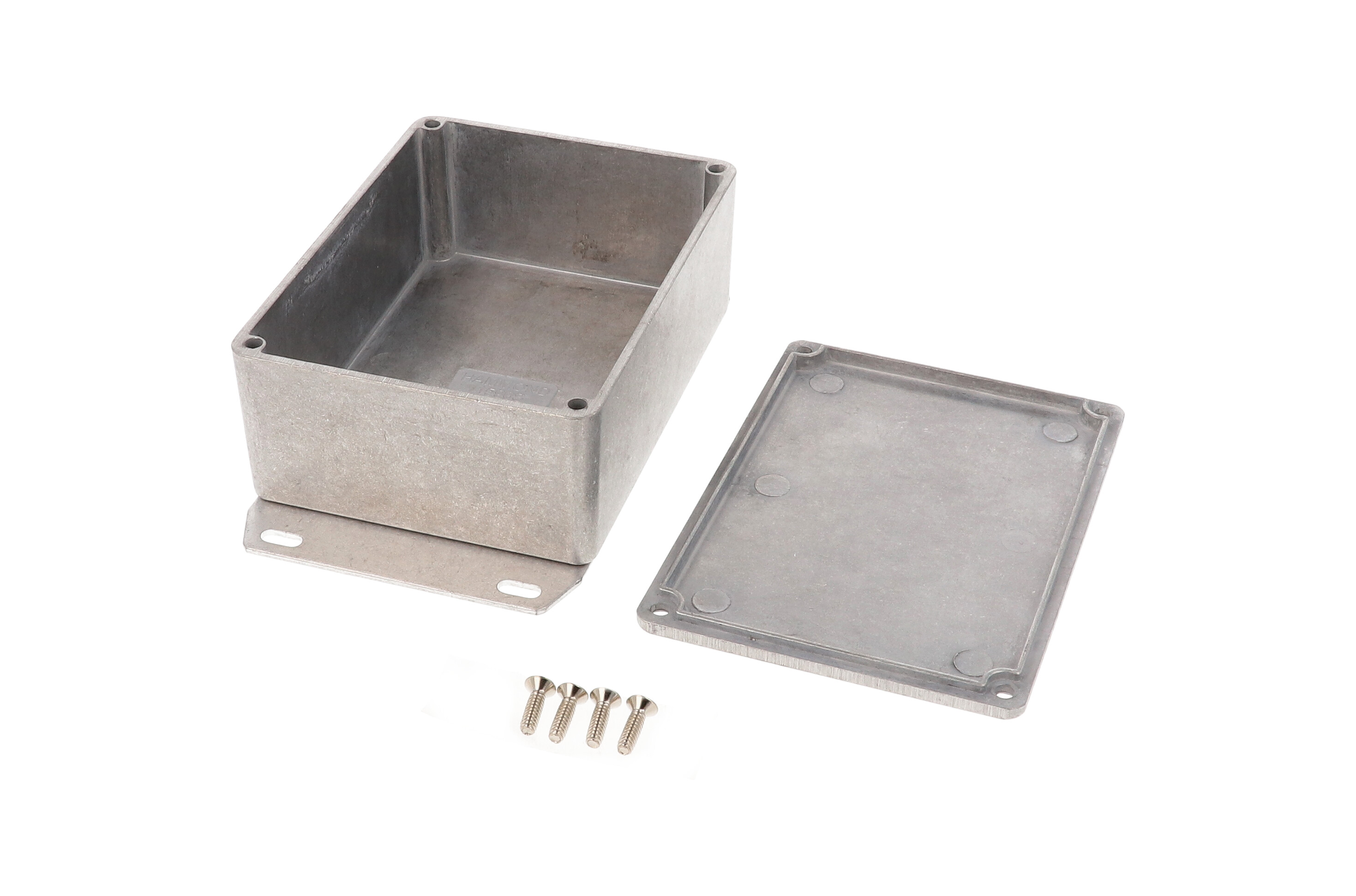 1590SF natural aluminum diecast aluminum enclosure with welded flanged bottom plate, 110 x 82 x 44 mm
