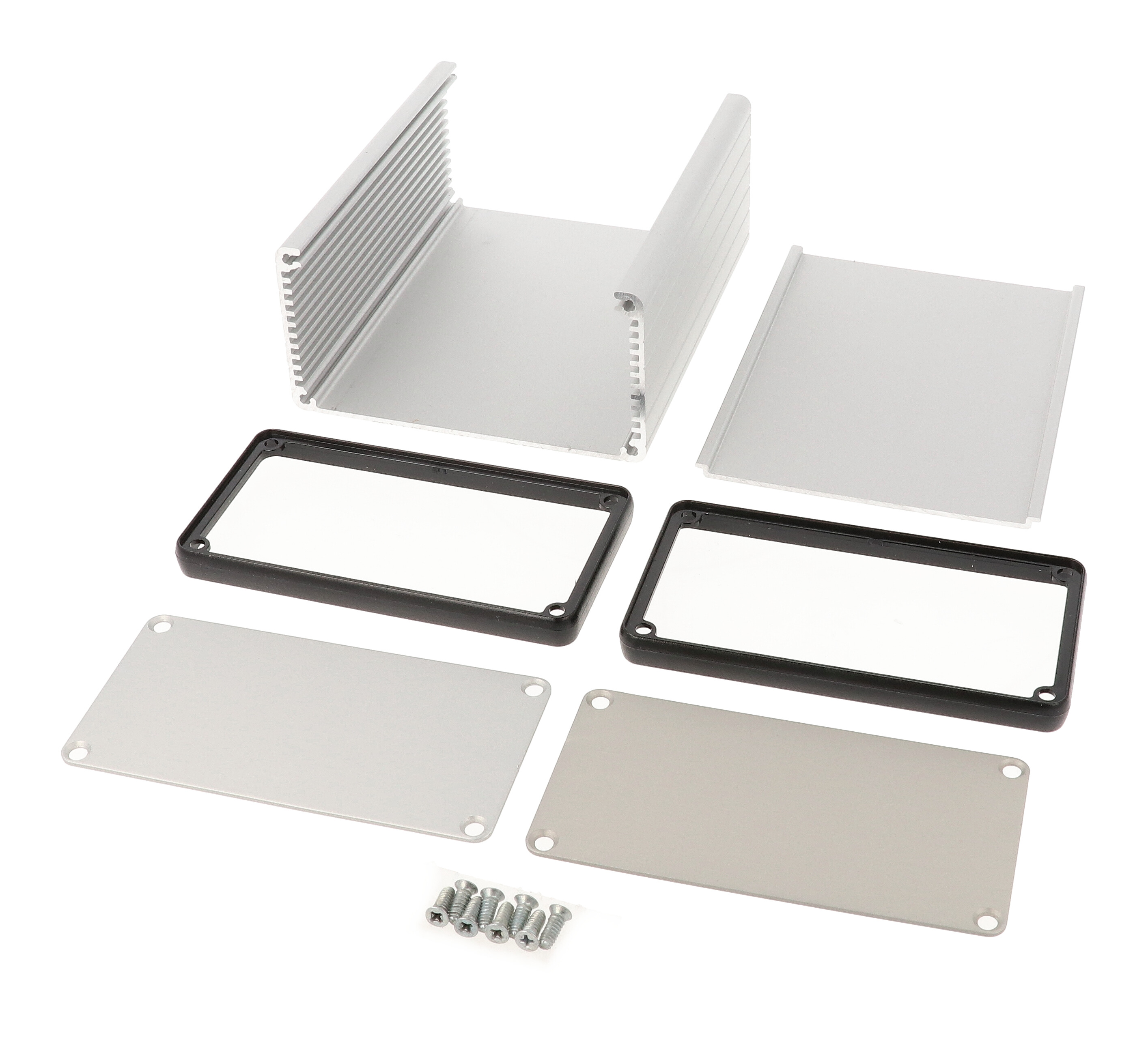 1455N1201 clear anodized extruded aluminum enclosure, 120 x 103 x 53 mm, with metal end panels