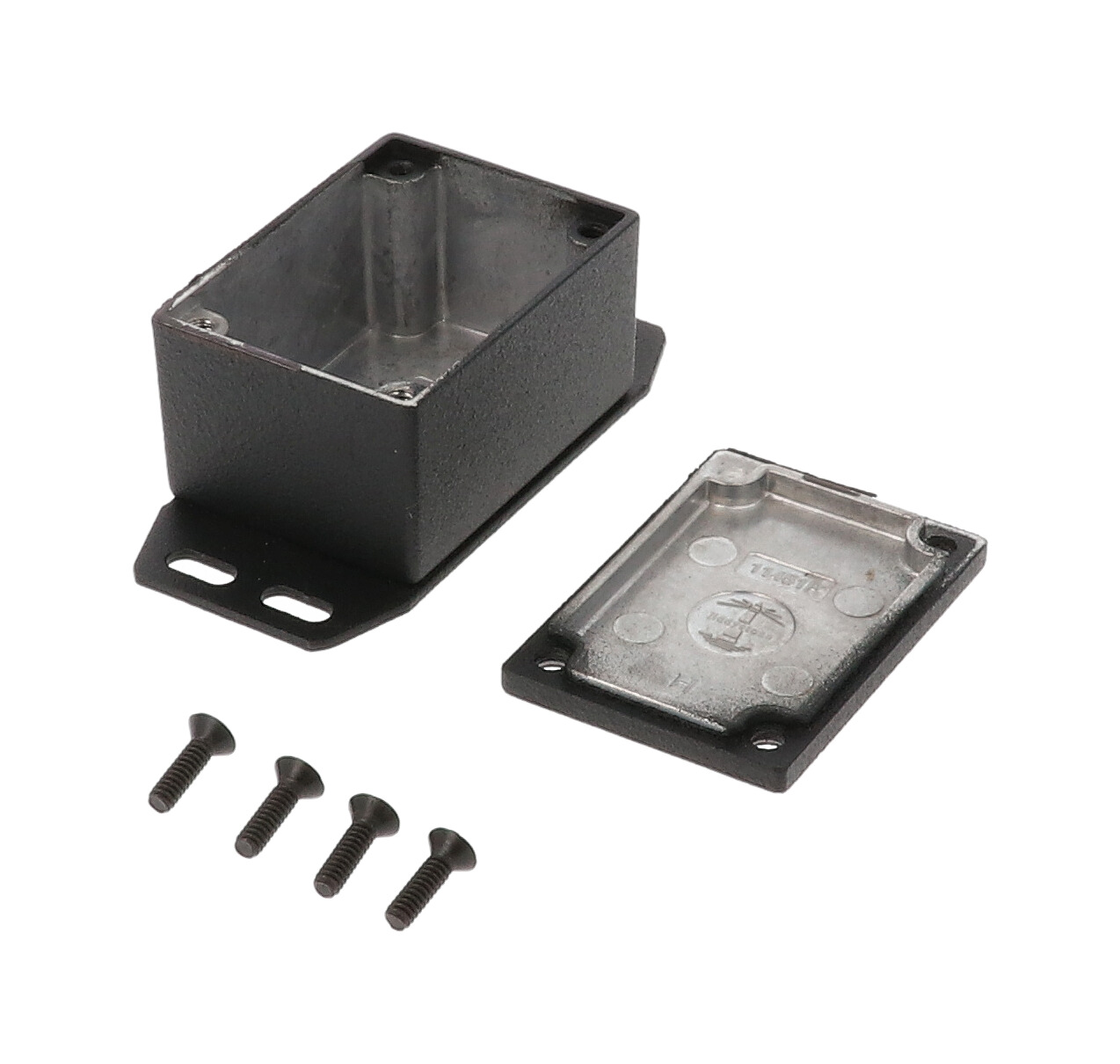 1590HFBK small black diecast aluminum enclosure with flanged bottom plate, 53 x 38 x 31 mm