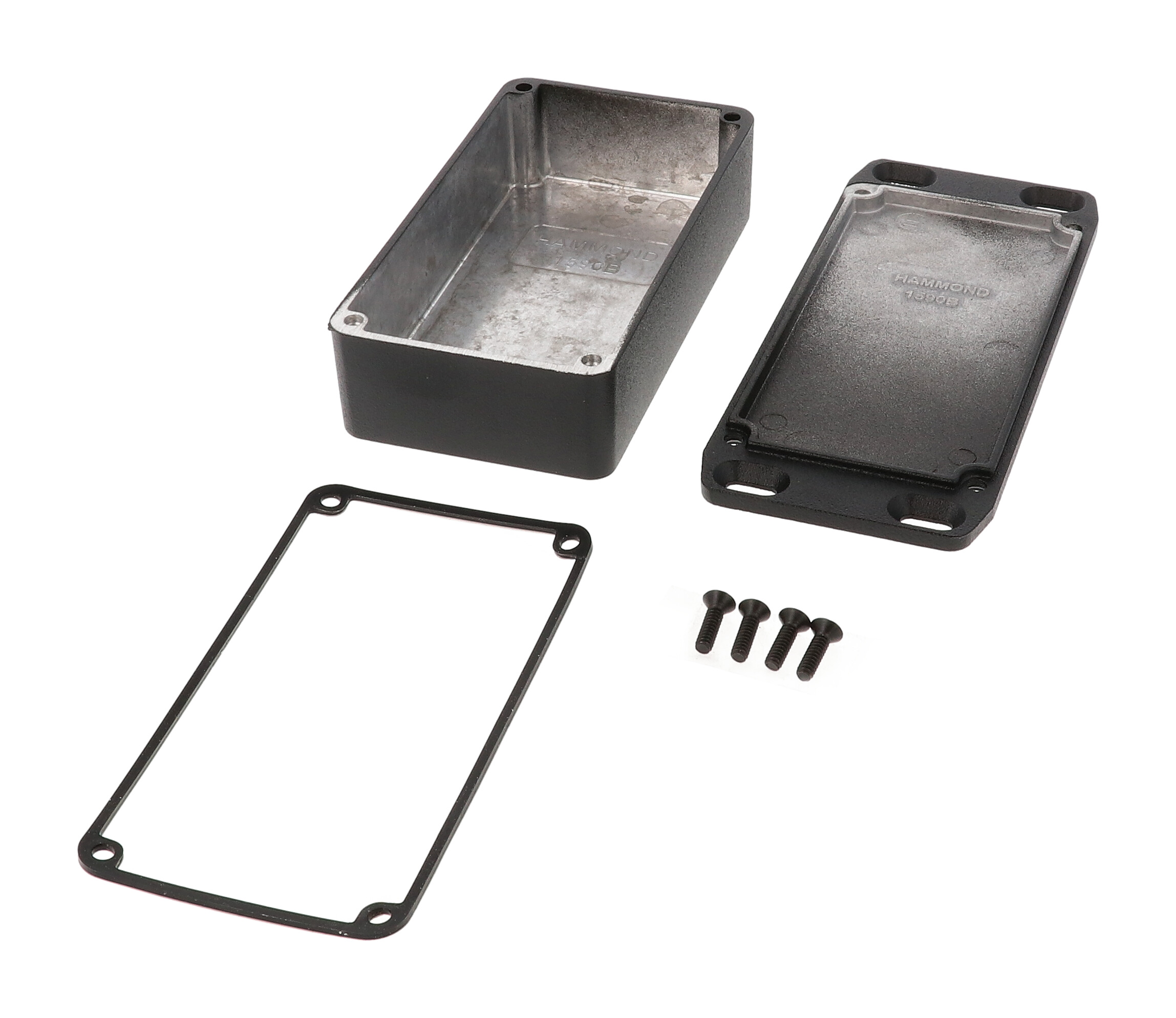 1590WBFLBK black textured water-tight diecast aluminum enclosure with flanged mounting lid