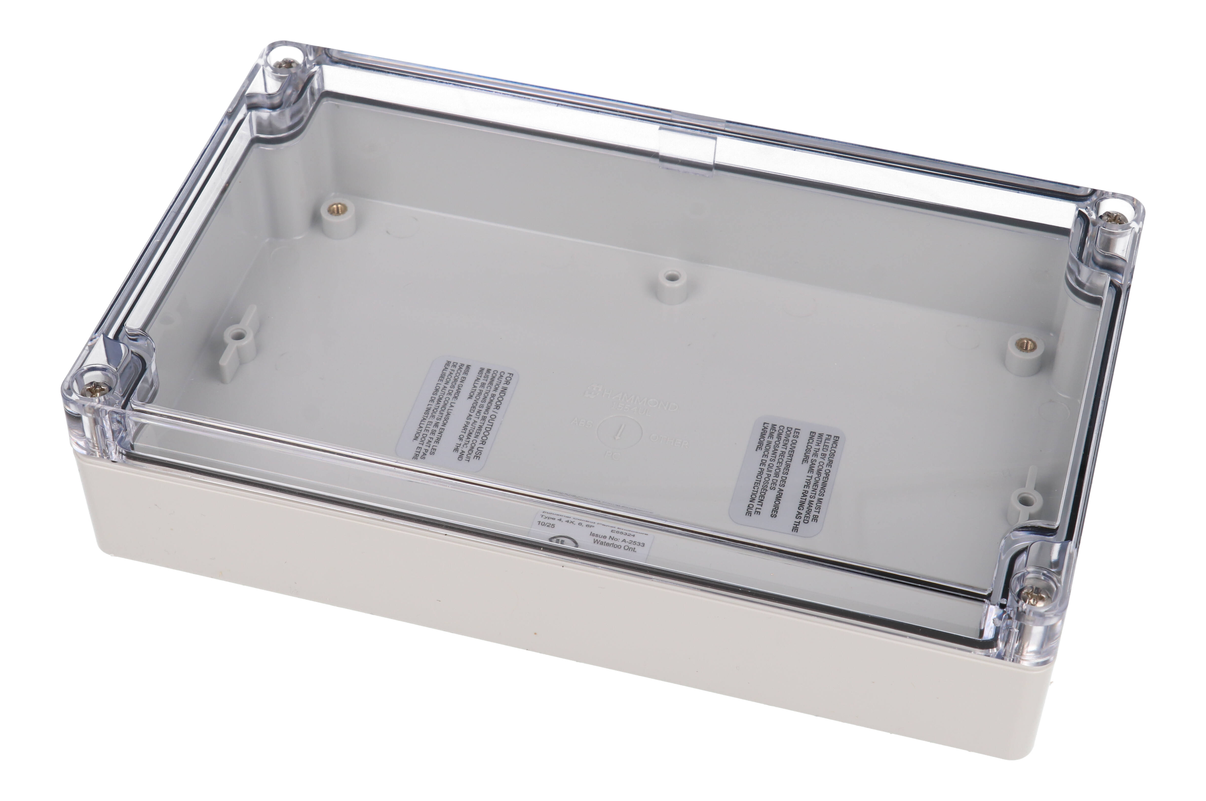 1554UL2GYCL light gray polycarbonate enclosure with clear lid, 200 x 120 x 45 mm