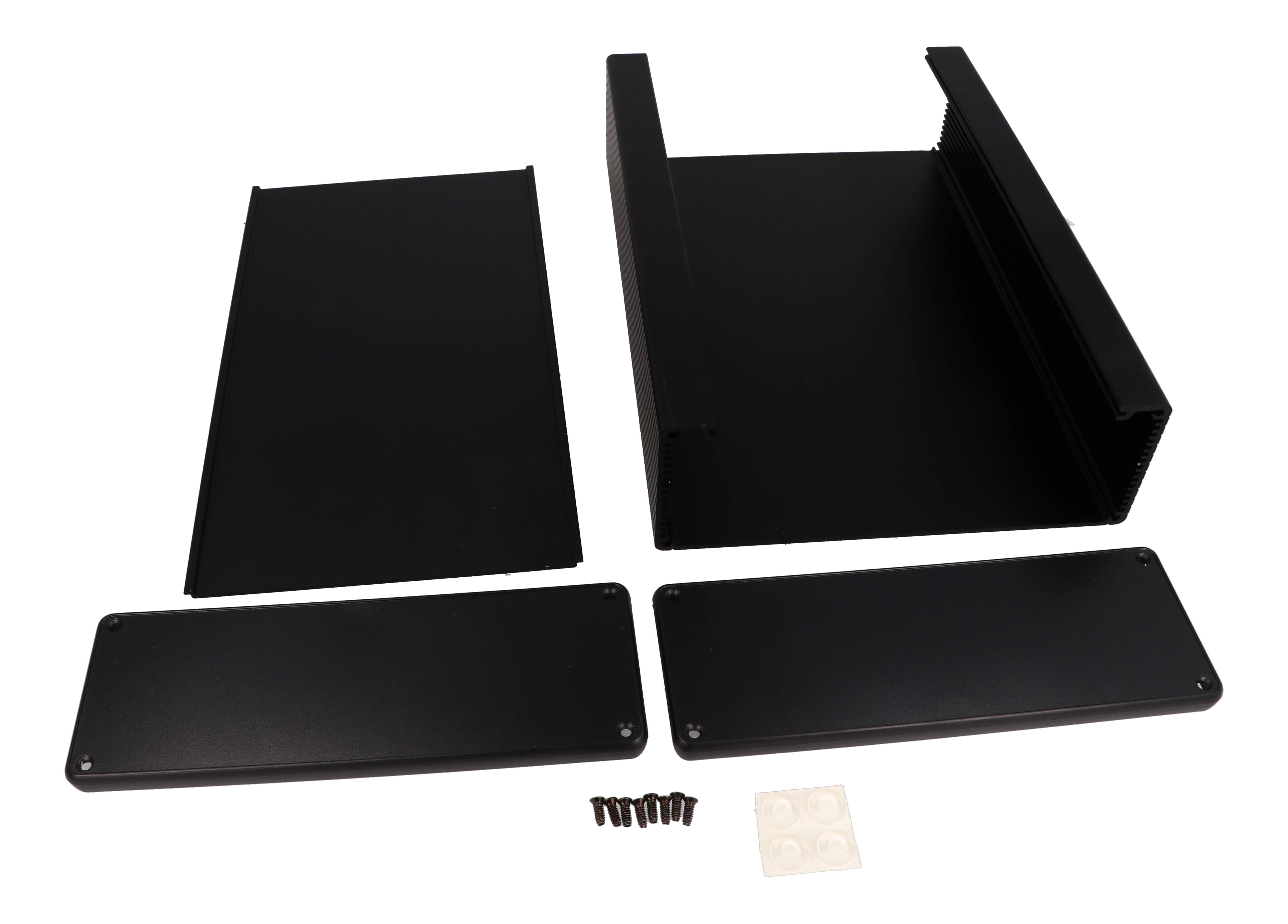 1455U2802BK black anodized extruded aluminum enclosure, 280 x 191 x 66 mm, with closed black plastic end panels