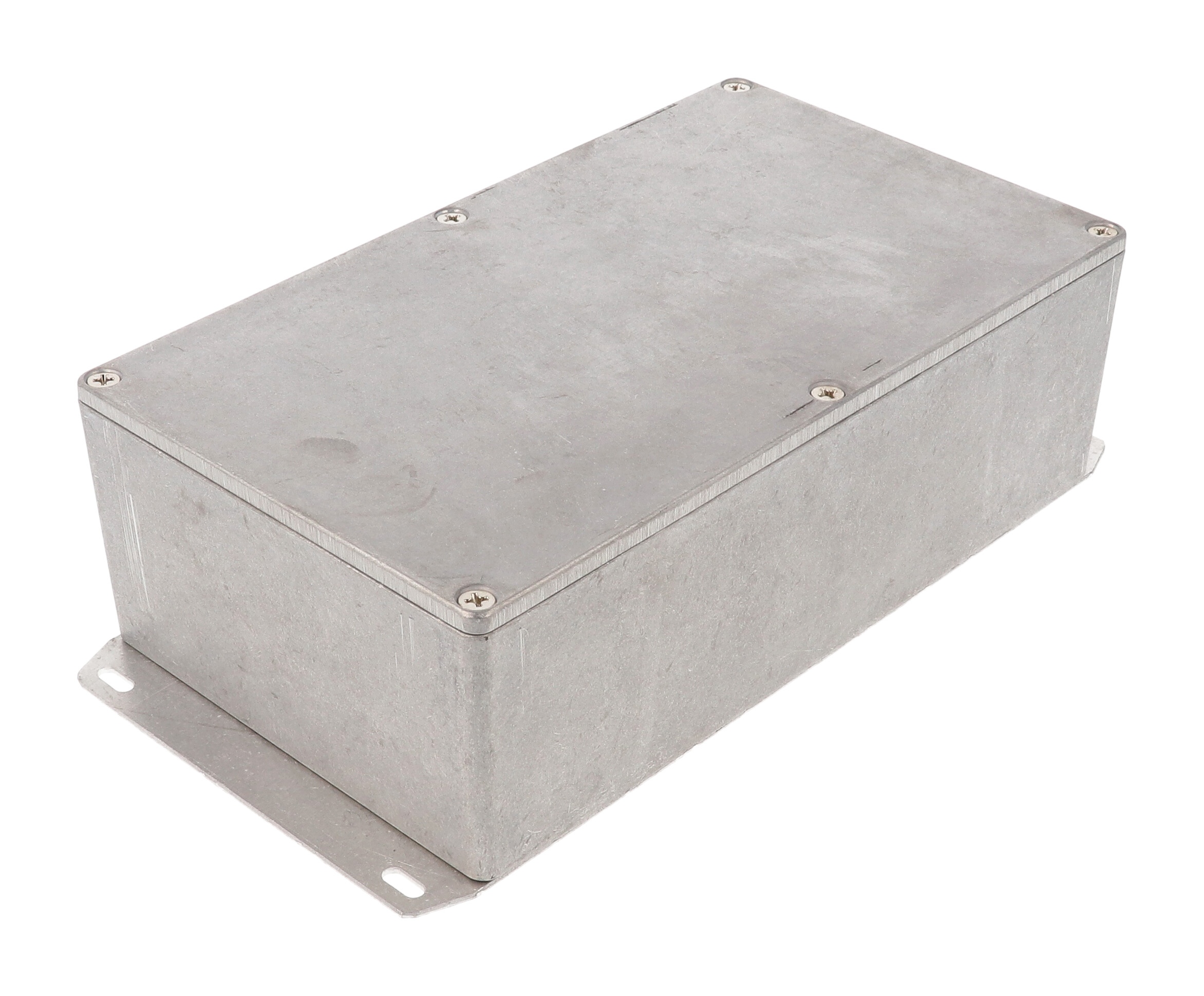 1590R1F natural aluminum diecast aluminum enclosure with welded flanged bottom plate, 192 x 112 x 61 mm