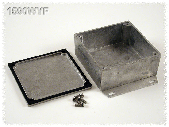 1590WYF natural aluminum watertight diecast aluminum enclosure with flanged bottom plate, 92 mm x 92 mm x 42 mm