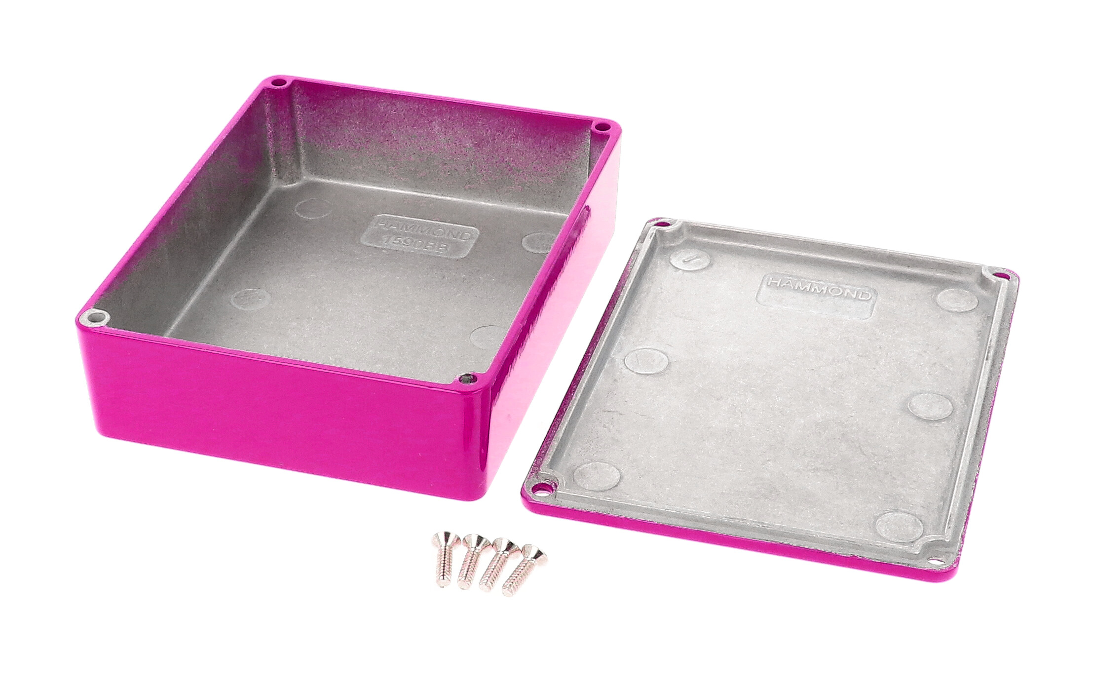 1590BBPR purple powder coated diecast aluminum stomp box enclosure, 120 x 94 x 34 mm, with lid