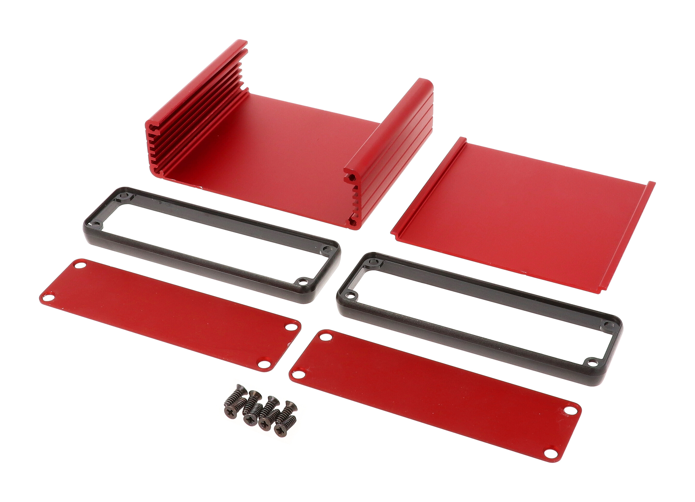 1455L801RD red anodized extruded aluminum PC board enclosure, 80 x 103 x 30.5 mm, with aluminum end panels and black bezels