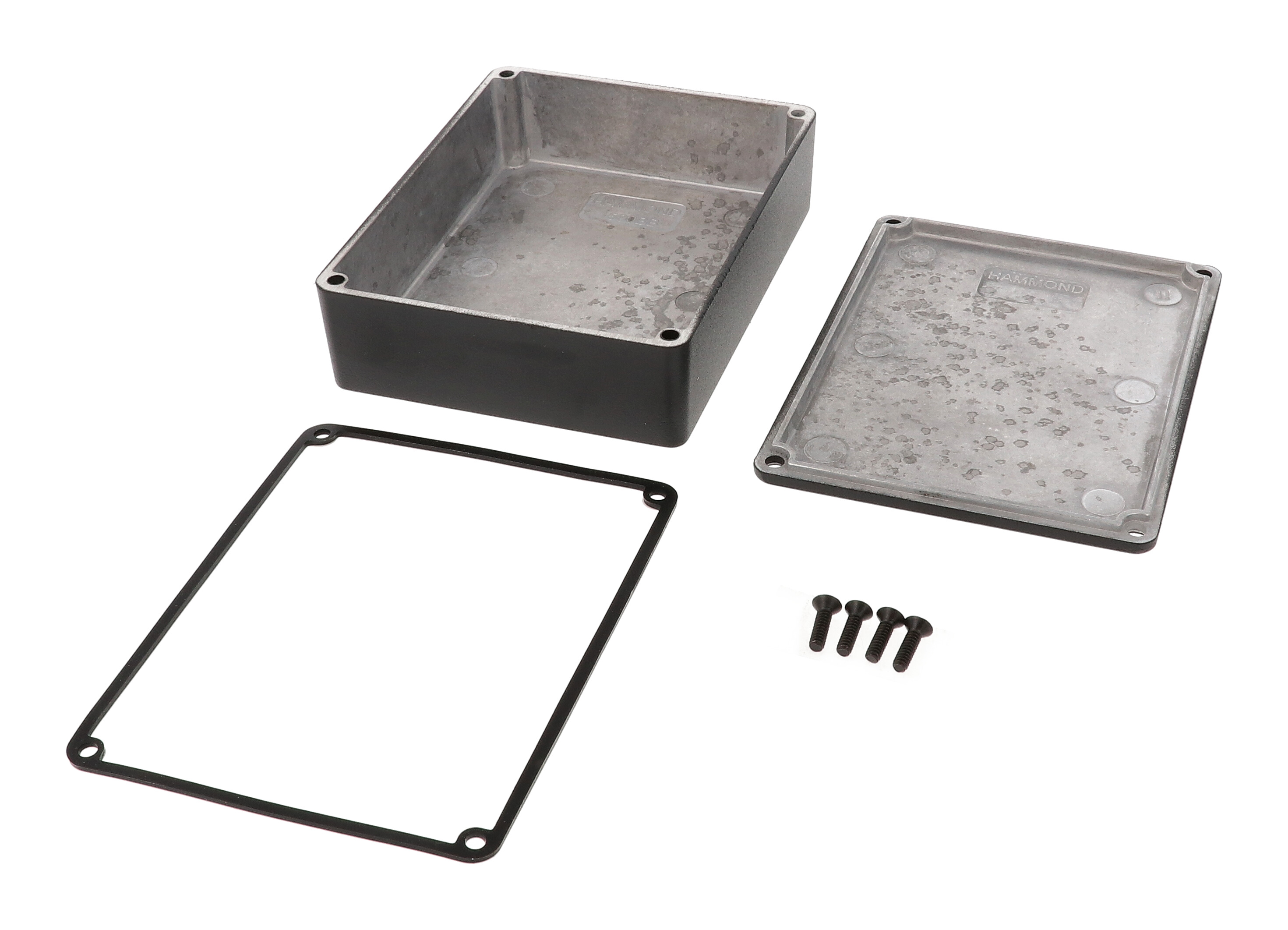 1590WBBBK black textured water-tight diecast aluminum enclosure without mounting flanges