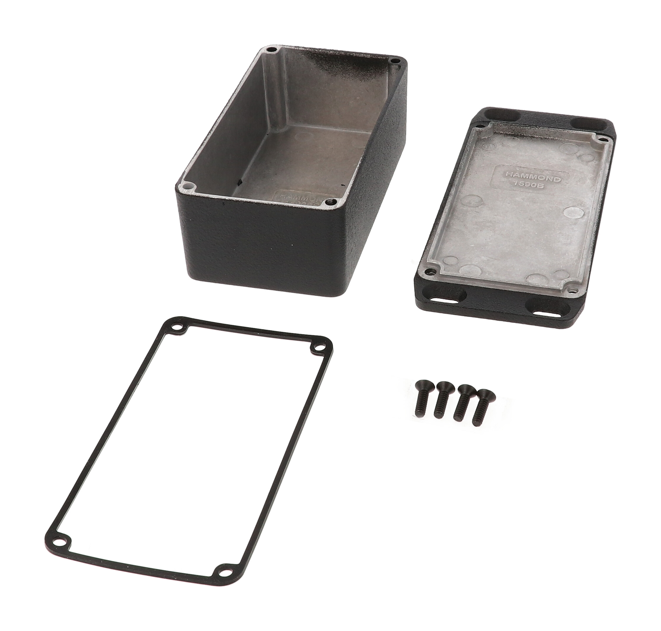 1590WBSFLBK black watertight diecast enclosure with wall-mounting flanged lid