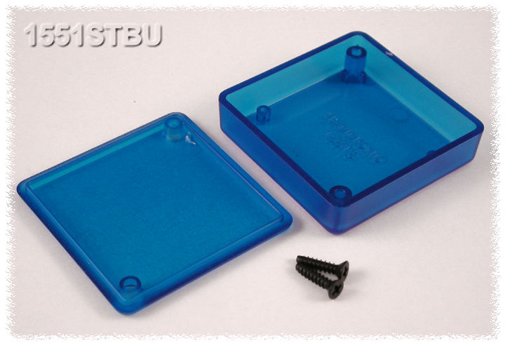 1551STBU translucent blue ABS miniature enclosure, 50 x 50 x 15 mm, low profile