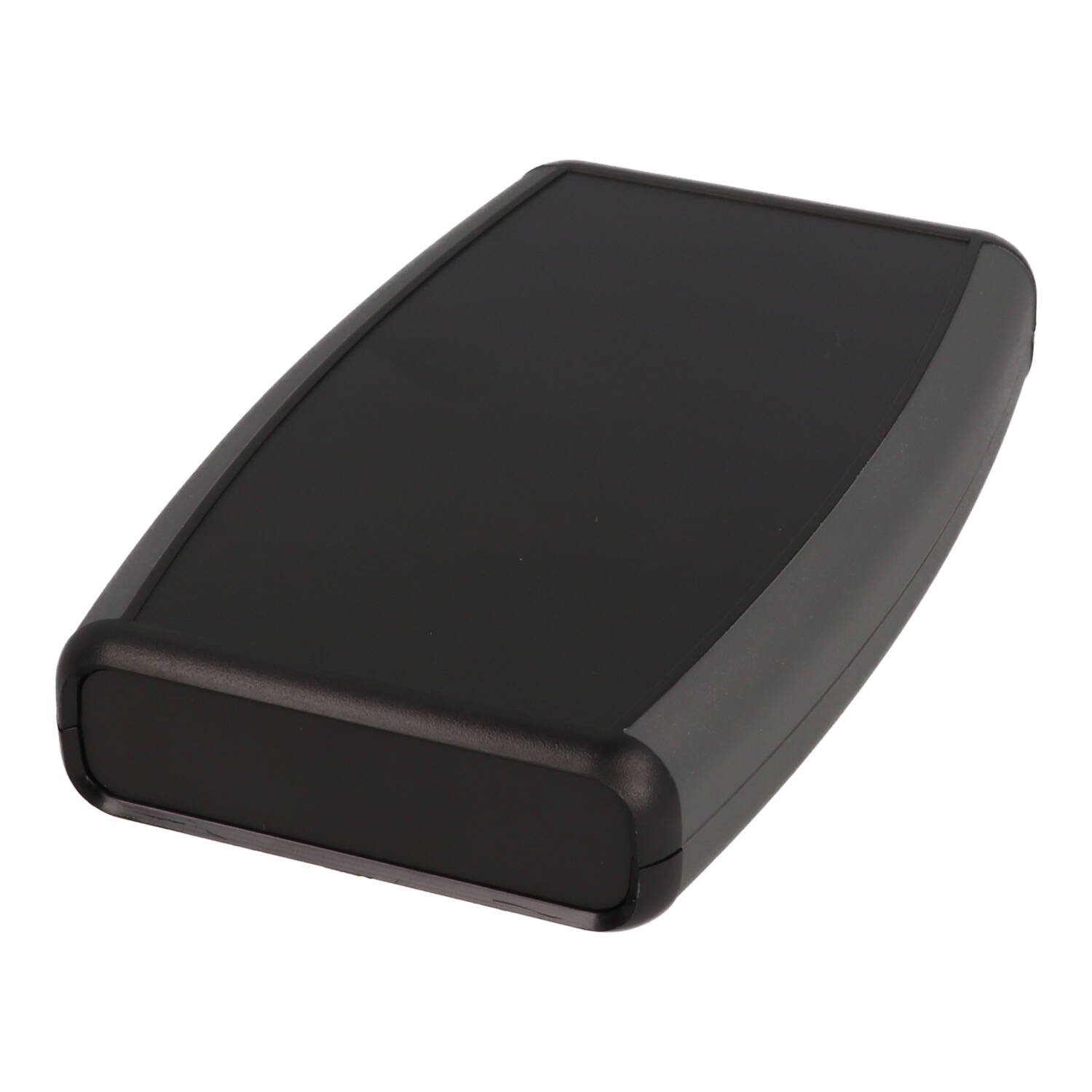 1553DBKBAT black handheld enclosure with grey overmold and battery door
