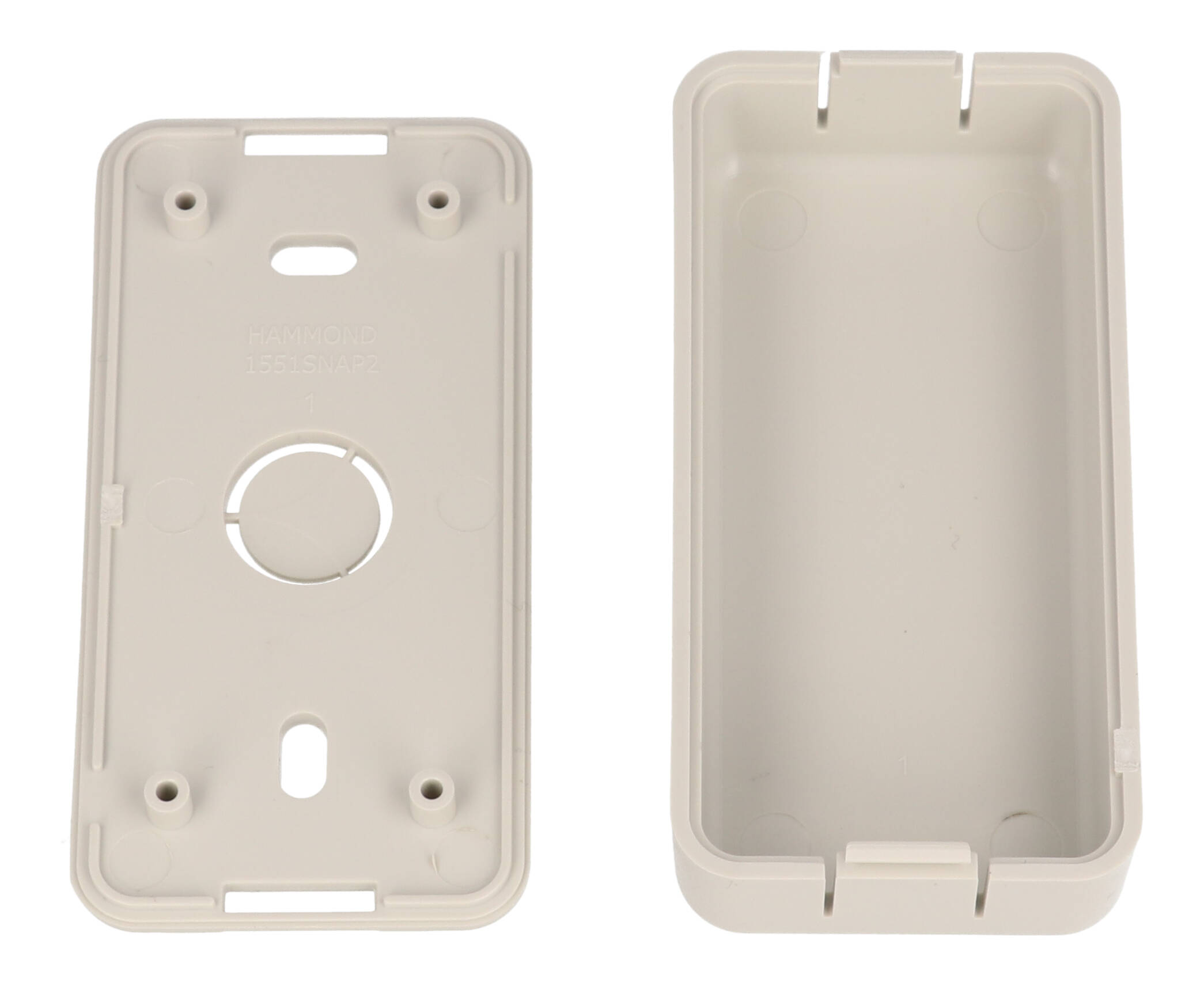 1551SNAP2GY grey unvented snap-fit ABS sensor enclosure, 80 x 40 x 20 mm, with wall-mount slots