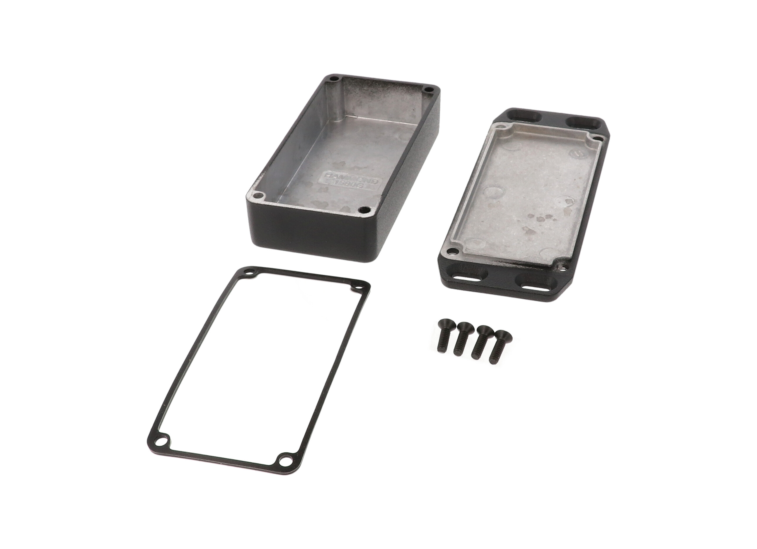 1590WGFLBK black textured IP65 watertight diecast enclosure, 100 x 50 x 25 mm, with flanged lid