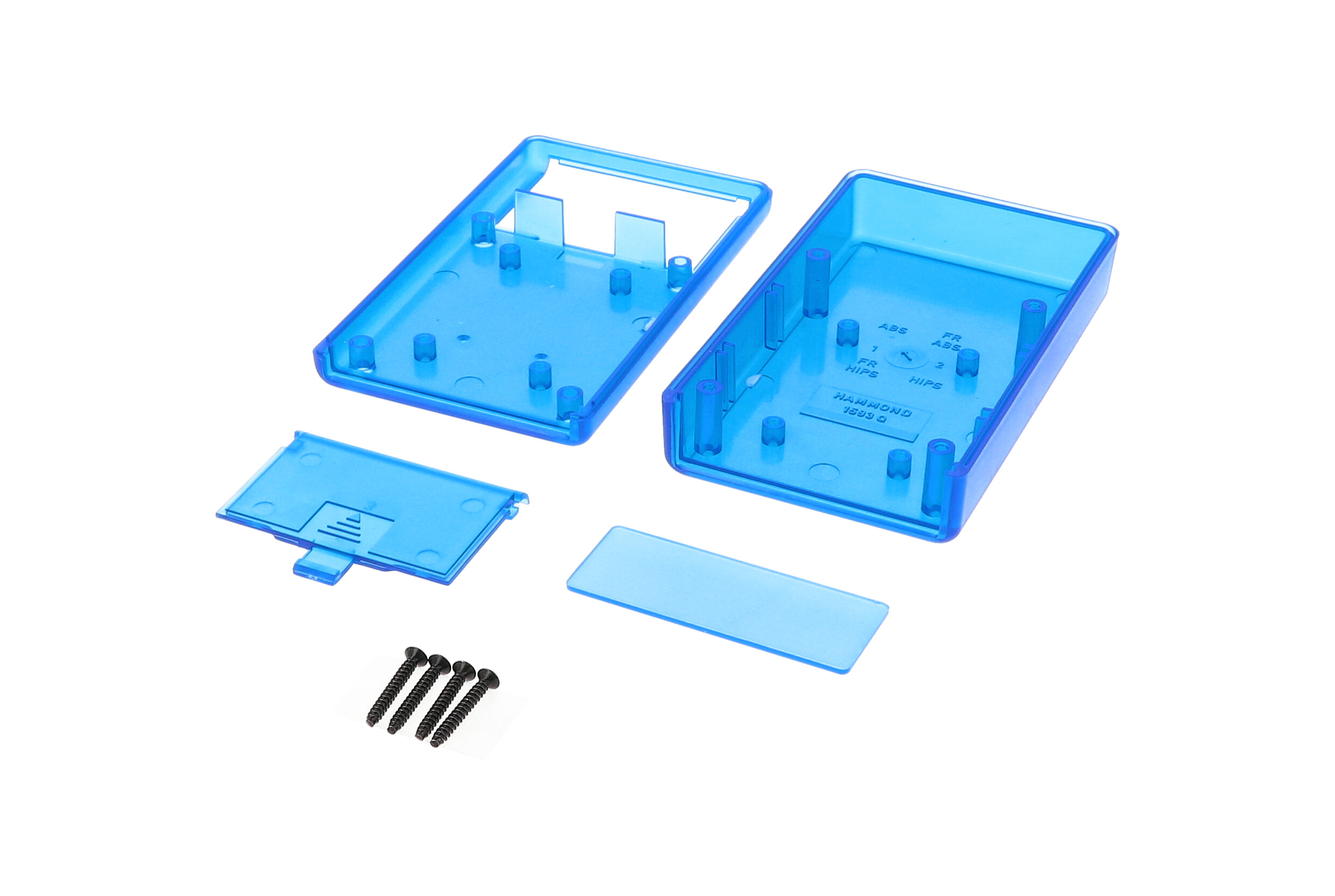 1593QTBU transparent blue ABS hand-held enclosure with battery door