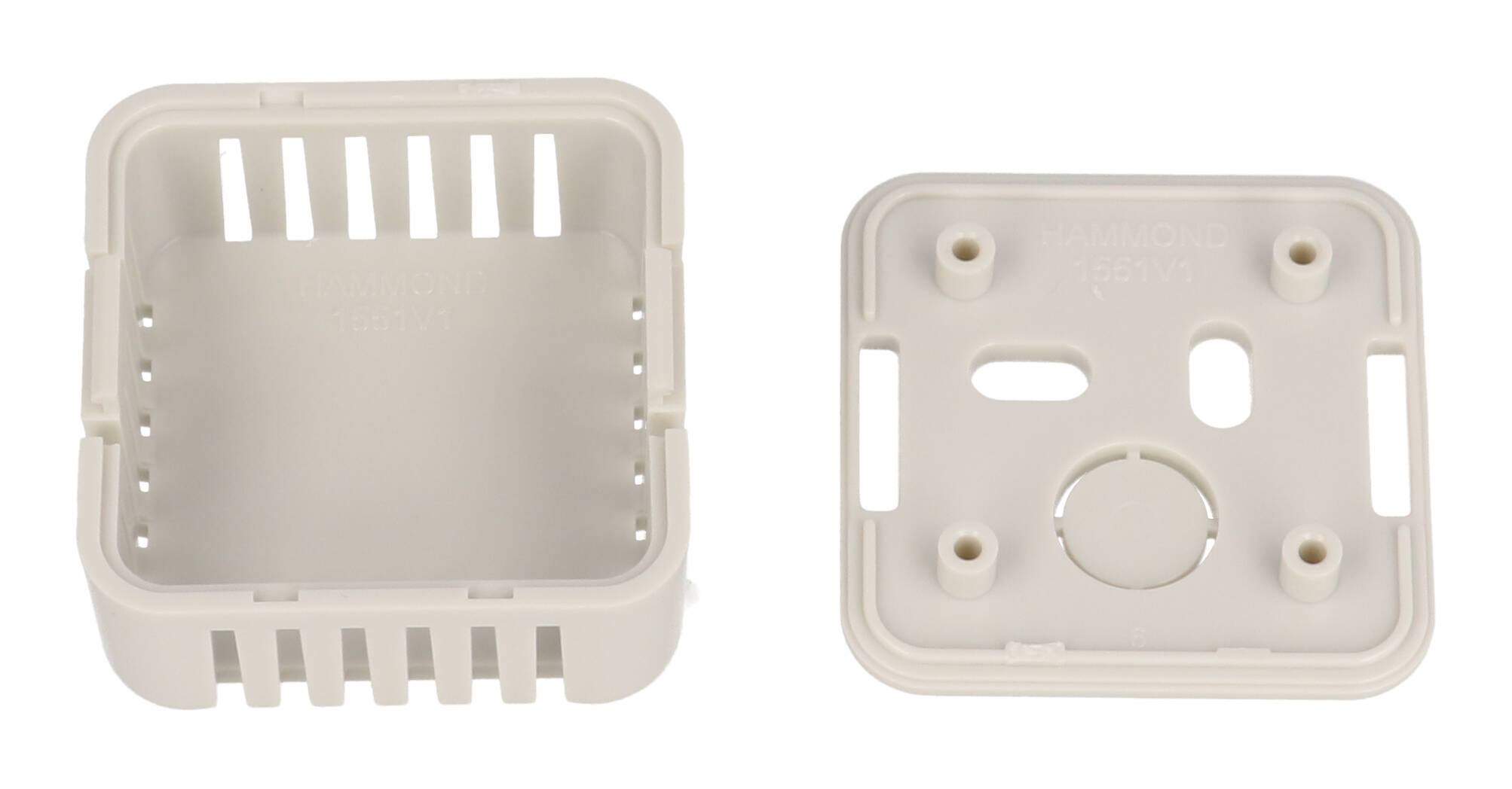 1551V1GY gray vented square ABS snap-fit miniature enclosure, 40 x 40 mm x 20 mm