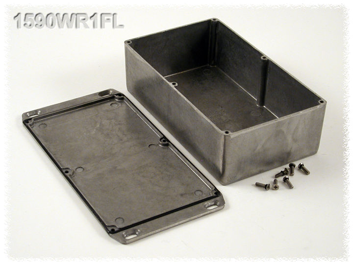 1590WR1FL natural aluminum IP65 water-tight diecast aluminum enclosure with a wall-mounting flanged lid, 192x112x61mm