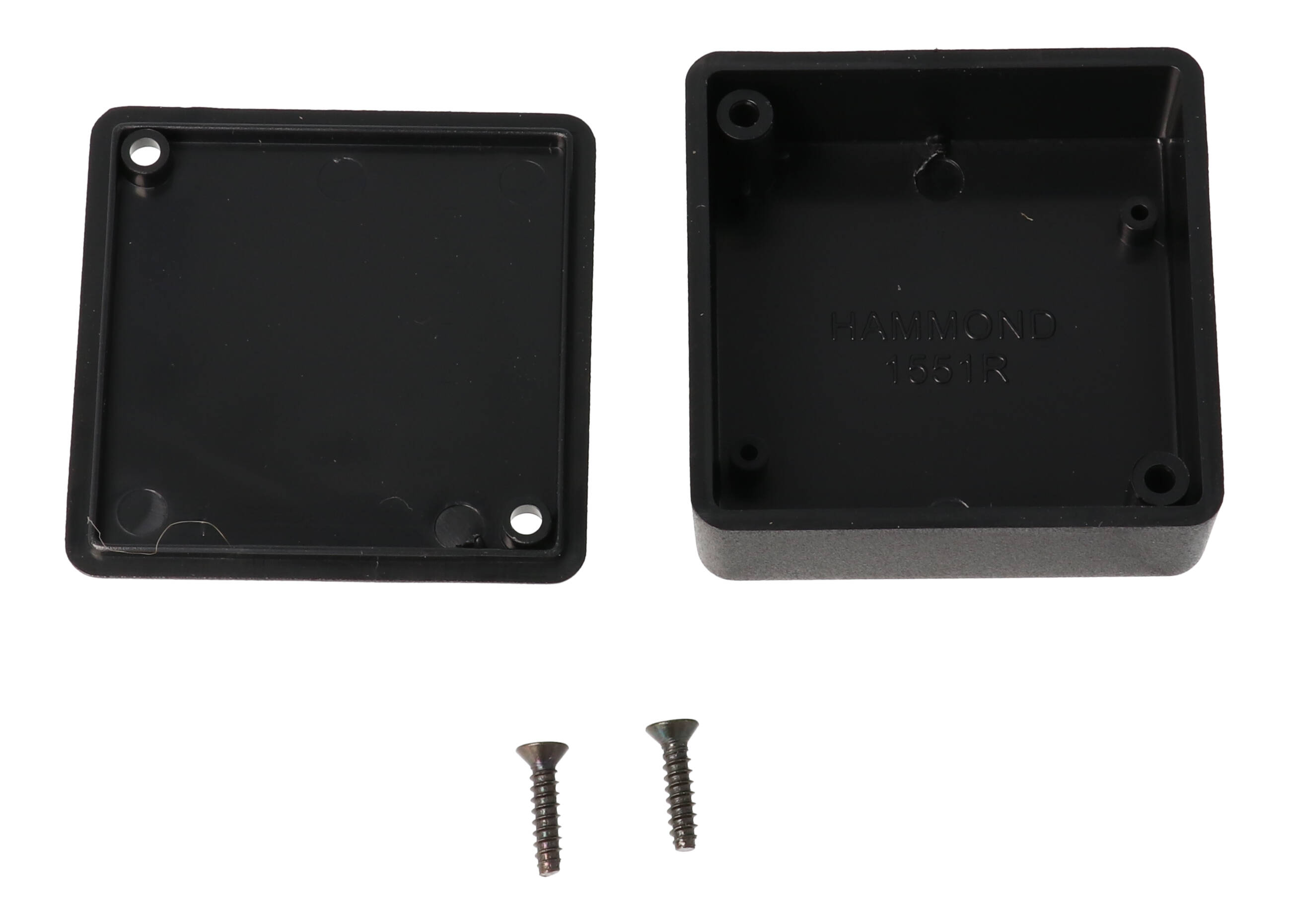 1551RBK black ABS plastic miniature enclosure, 50 x 50 x 20 mm, with lid and screws