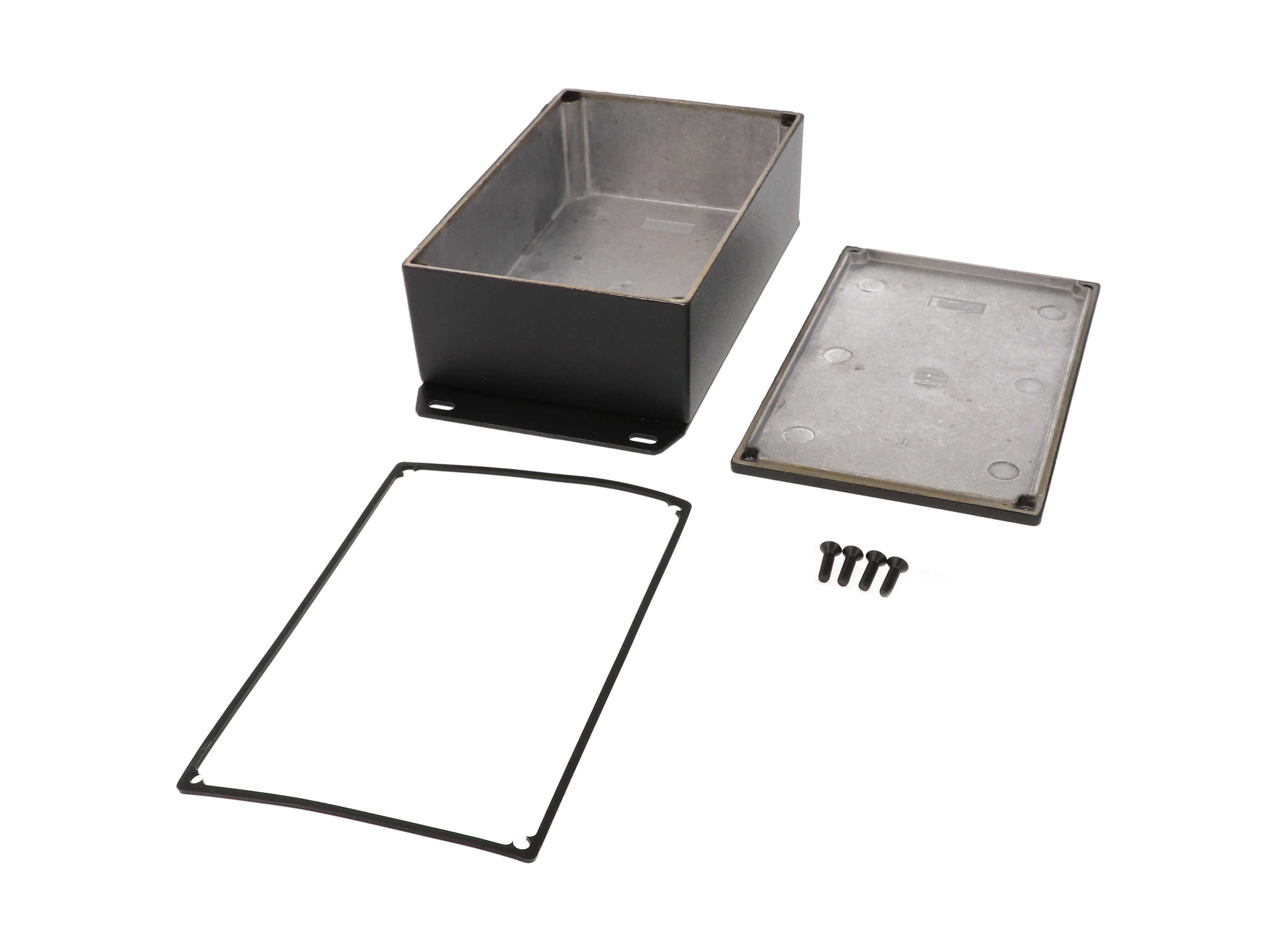 1590WJFBK black textured IP65 watertight diecast enclosure, 145 x 95 x 49 mm, with flanged bottom plate