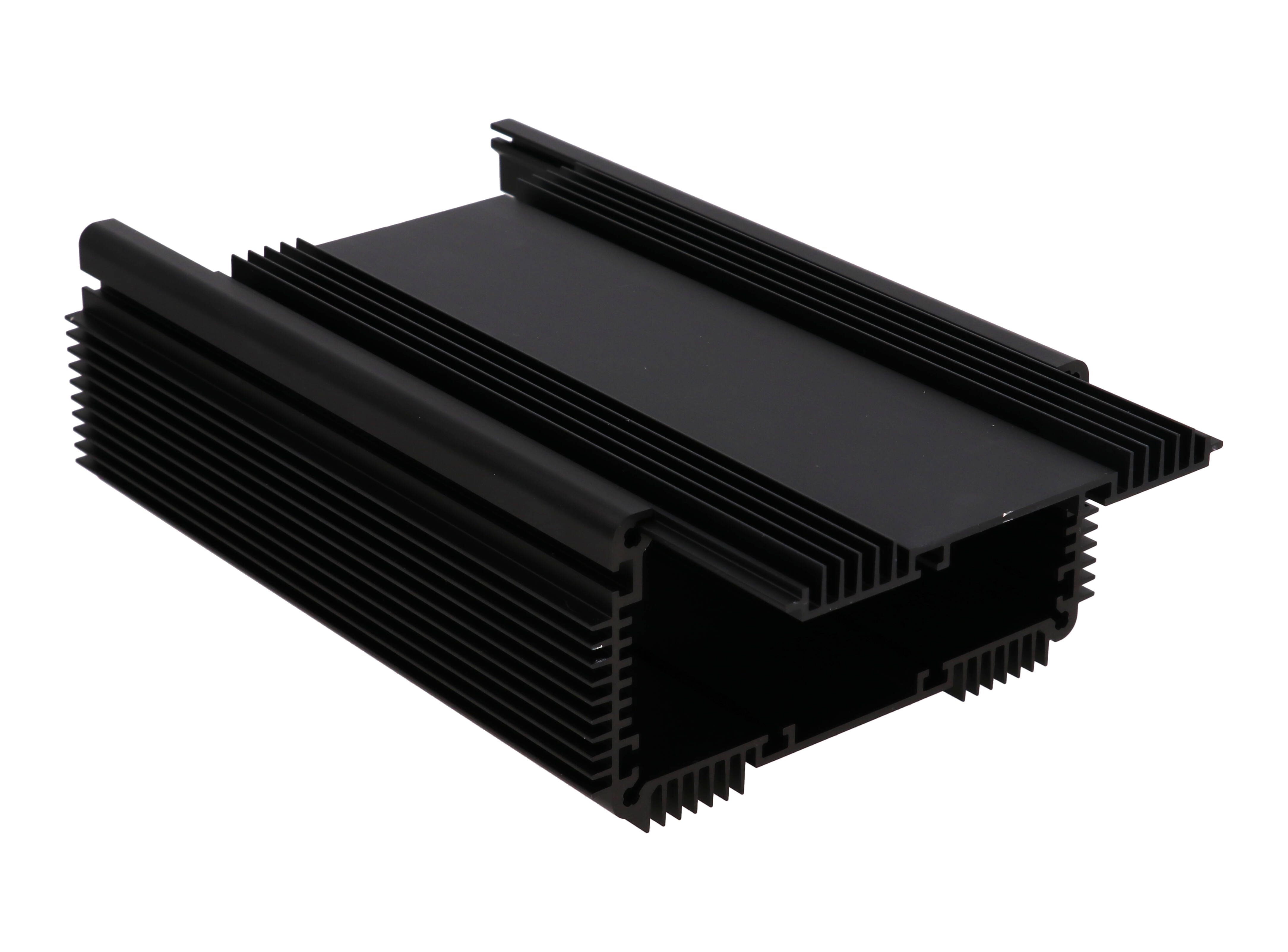 1455NHD1601BK black anodized finned heat dissipating extruded aluminum enclosure, 160 x 111 x 61 mm, with mounting flanges